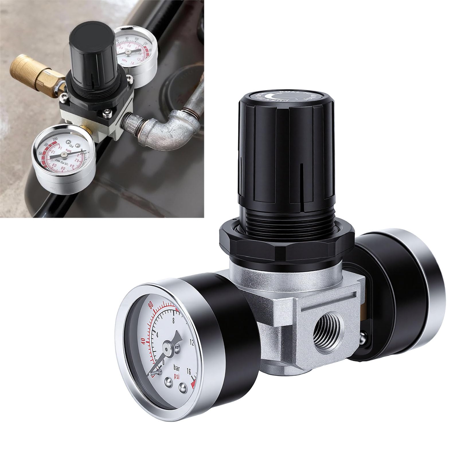 Regolatore di Pressione Dell'aria, Regolatore Dell'aria da 150 PSI con Manometro, Uscita Ingresso 1/4 NPT Porta Manometro 1/8 NPT, del Compressore D'aria per Pistole a