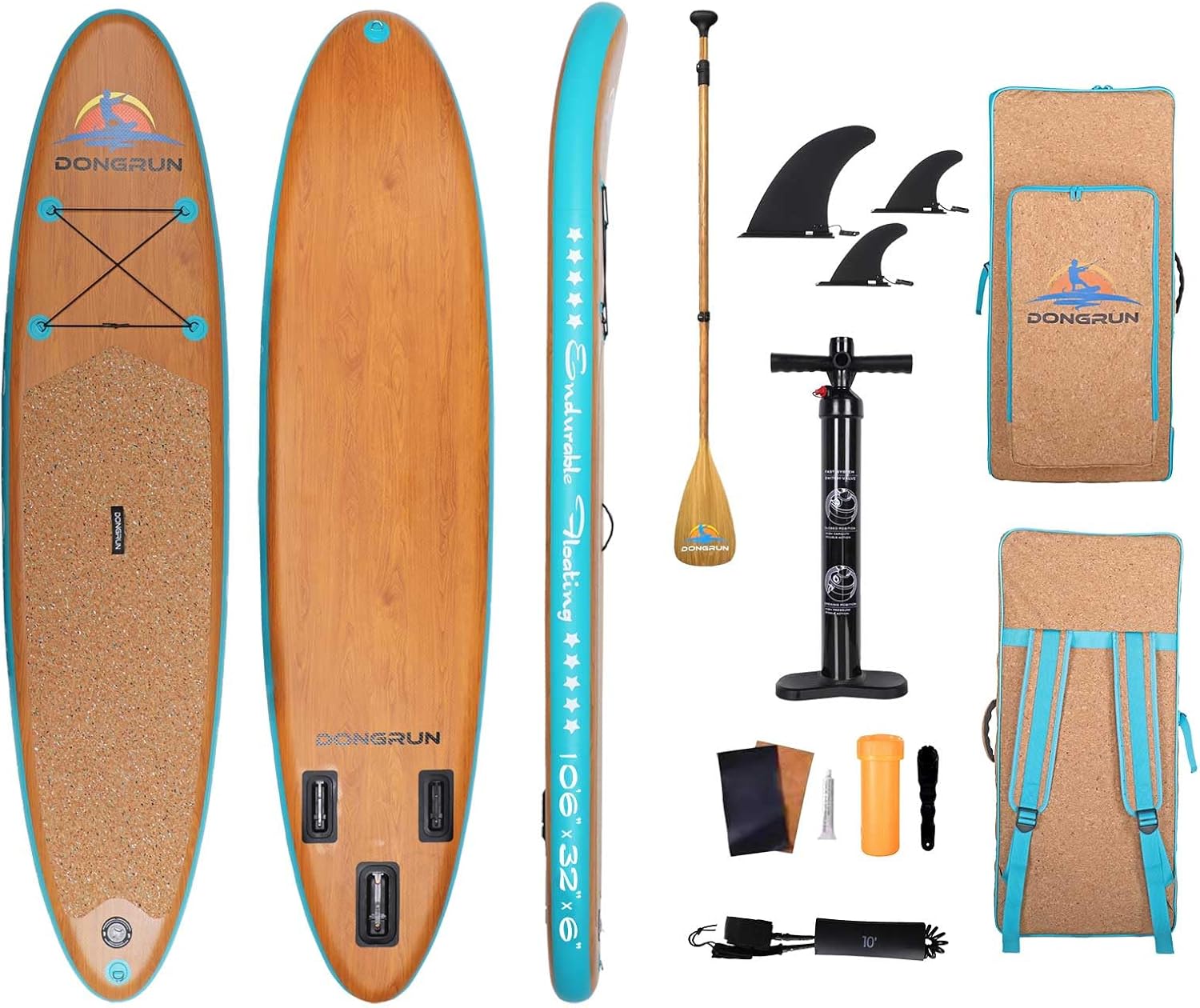 DONGRUN Double Layer All Around SUP Inflatable Paddle Board for Adults, 10'6” *32"*6" with Wood Grain, Oak Non-Slip Deck Blow up Paddle Boards with Adjustable Paddle, Oak Backpack, Pump Repair Kit