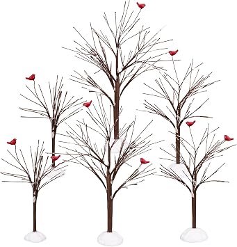 Village Bare Branch Trees, Brown Decorative Figurines with Cardinals | Set of 6, 7.5 - 12 Inches