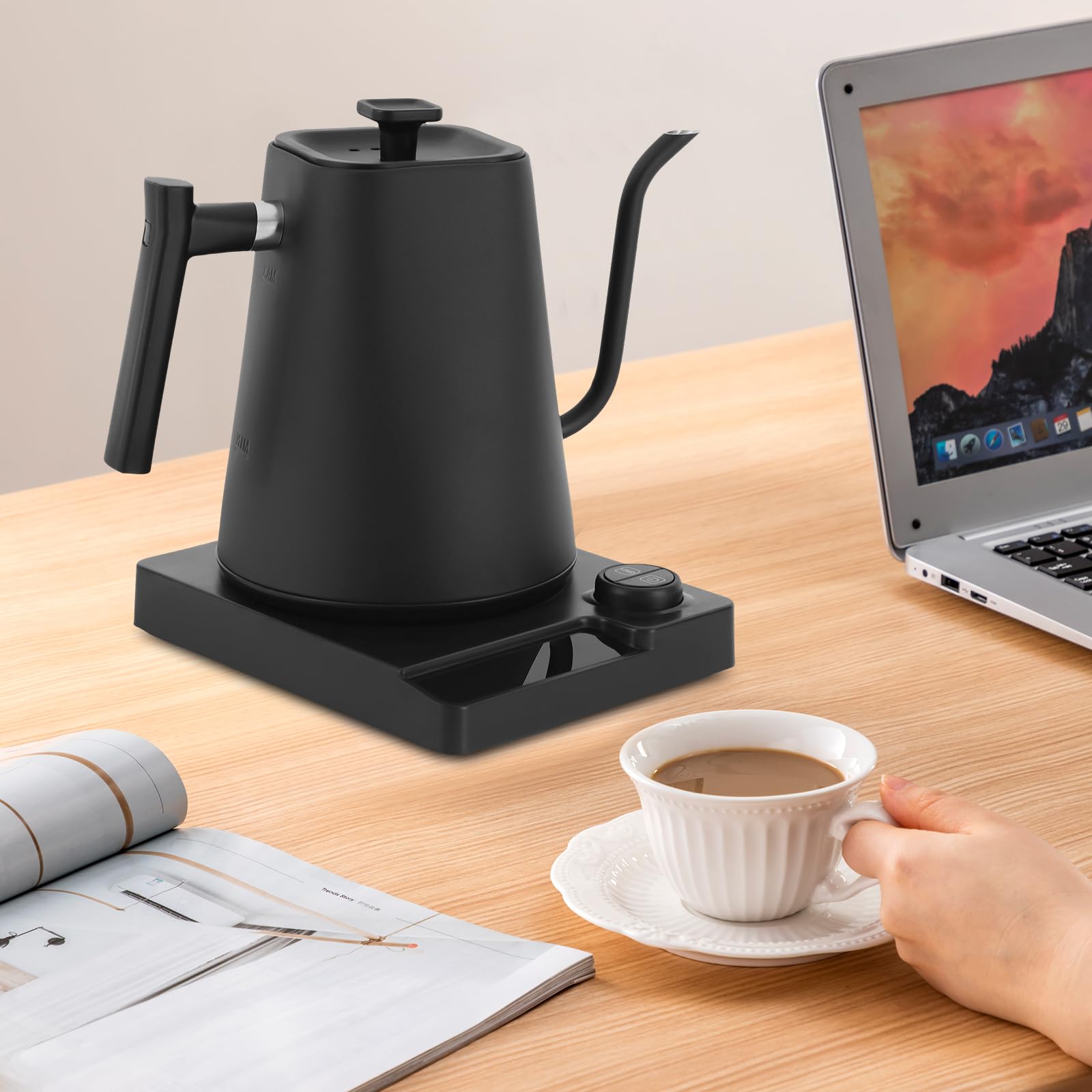 Hervidor eléctrico de acero inoxidable con cuello de cisne con ajuste de temperatura y pantalla LED, Coffee Kettle, 1 L, calefacción rápida de 1200 W, color negro