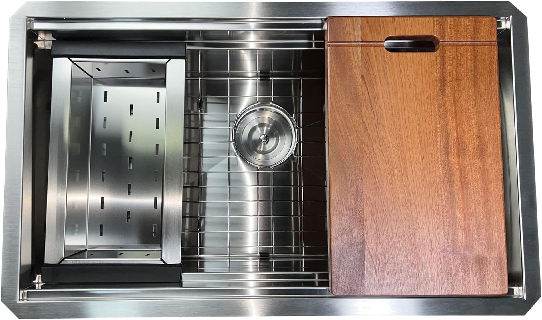 Kitchen Sink โ 30" Stainless Steel Sink with Colander, Cutting Board & Drain, Undermount Rectangular Single Bowl โ 16 Gauge Satin Finish 304 Steel, Easy Drain, Low Condensation