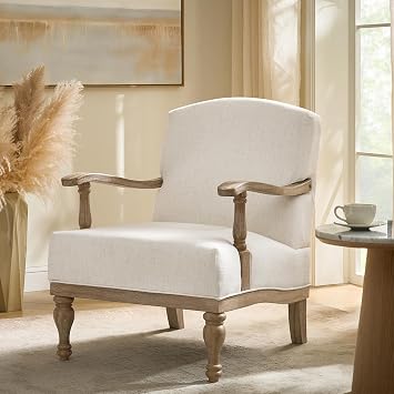 HULALA HOME Farmhouse Accent Chair with Solid Wood Frame, Ivory
