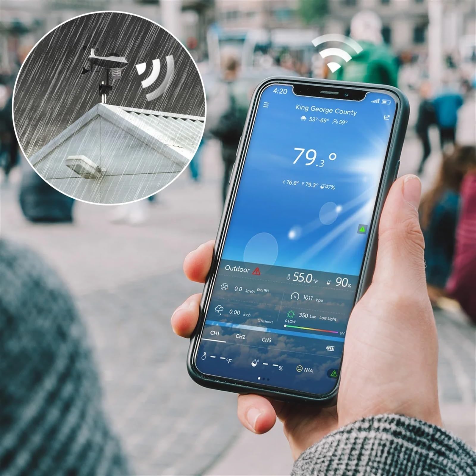 Estación meteorológica inalámbrica para interiores y exteriores, WiFi Q9 Estación meteorológica con anemómetro de Viento Que se conecta al Monitor de Un teléfono Inteligente Sensor