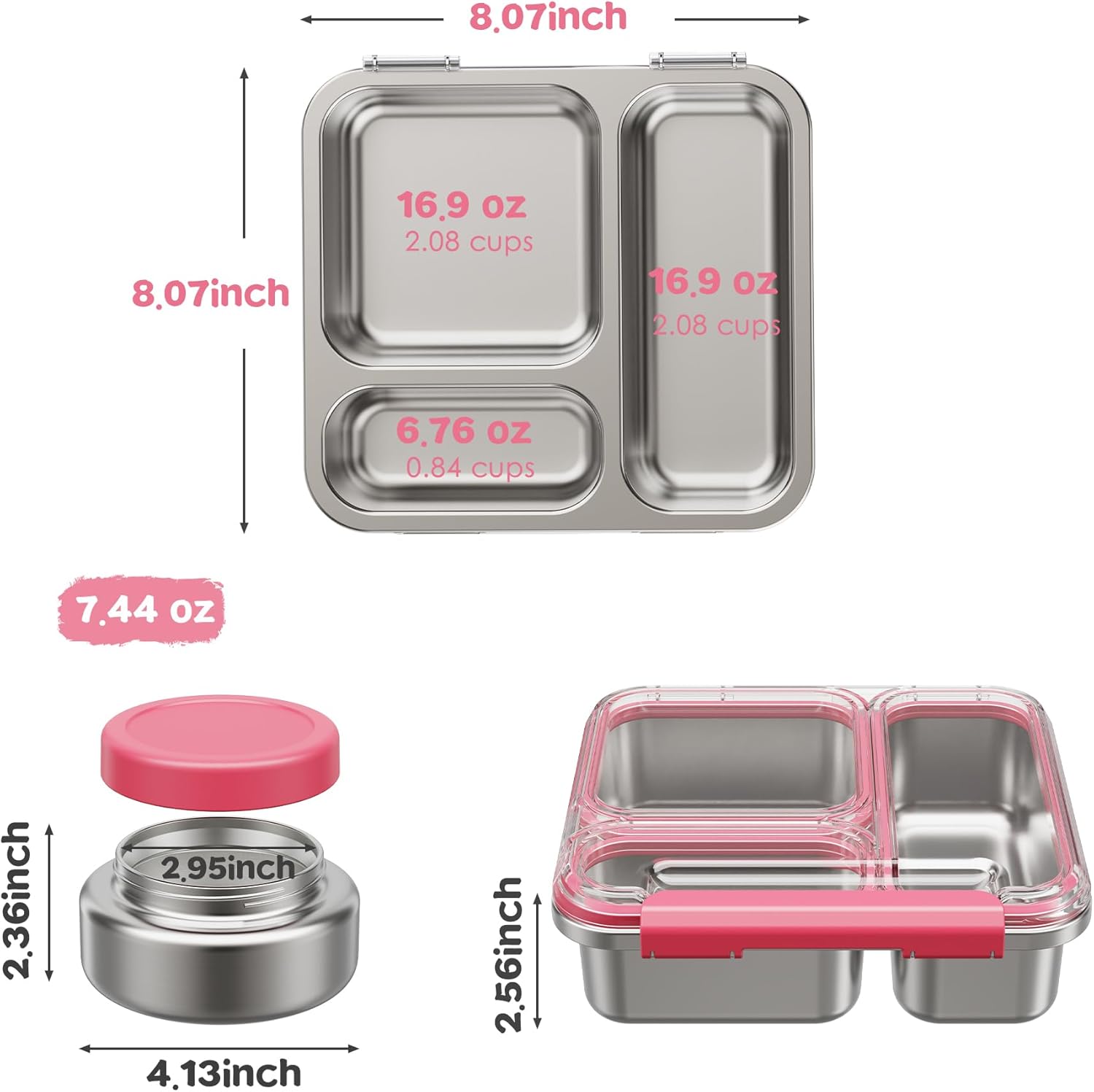 Stainless Steel Bento Box Kids Adult with 7oz Insulated Food Jar, Transparent Lid Metal Lunch Box With Soup Thermal Jar, Lunch Box Container with Removable Divider & Sauce Cup School (Pink) - Image 6