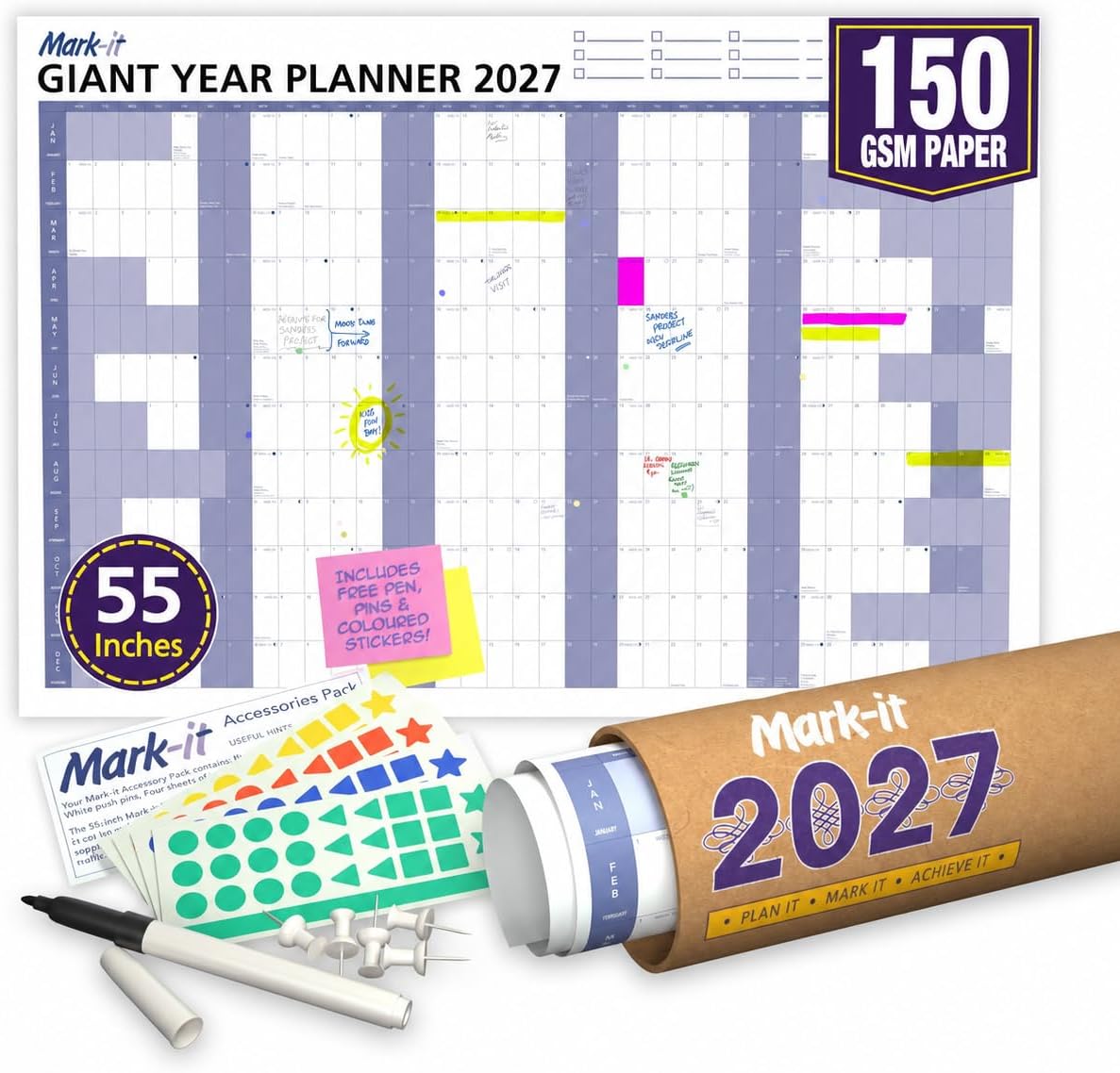 Mark-IT Giant Calendar 2026-2027 - Laminated 2027 Wall Planner Featuring Spacious Planning Boxes - Ideal 2027 Calendar UK for Home, Office & Study (Blue, 88 x 120cm)
