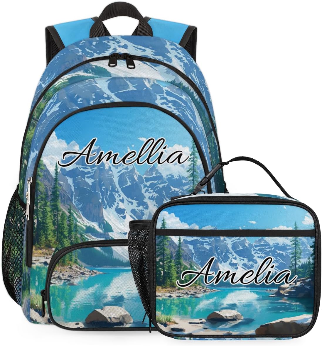 Personalized Lake Mountains Farmhouse Backpack with Lunch Box Set, Custom Name Backpacks and Lunch Bag Lightweight Waterproof Casual Daypack