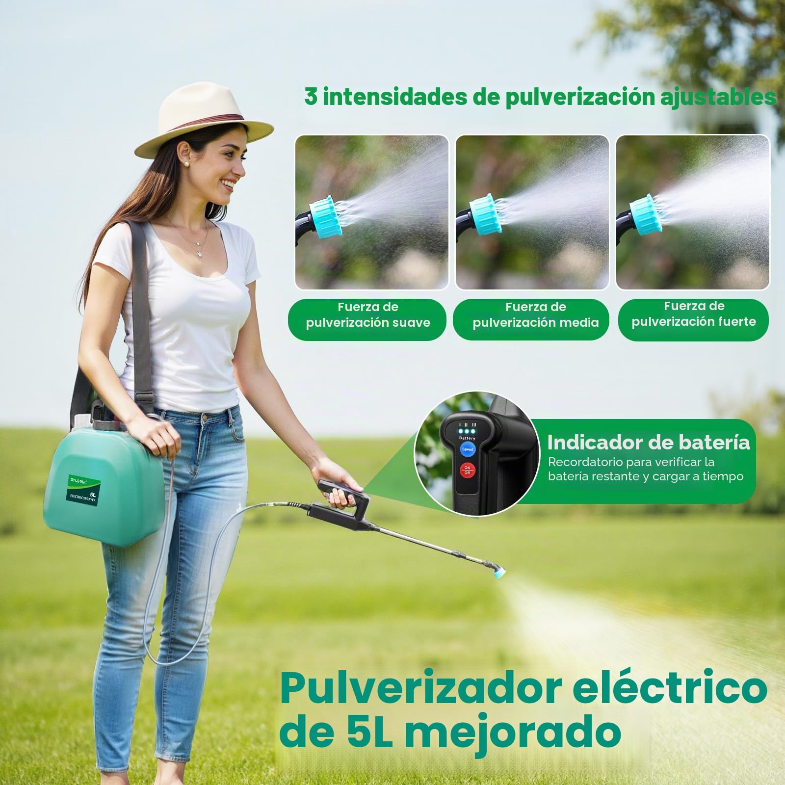 SYLSTAR Pulverizador 5 litros, 3 Velocidades Pulverizador Electrico con 3 Boquillas, 7.4V Sulfatadora Electrica a Bateria Recargable, Fumigadora Pulverizador Portátil para Jardín Huerto Riego (Verde)