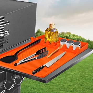 ARTSHU Silicone Spatula Mat, Large Size Silicone Side Shelf Griddle Tools Mat with Drip Pad for Black-stone Griddle Accessories Outdoor Grill Kitchen Countertop, Orange