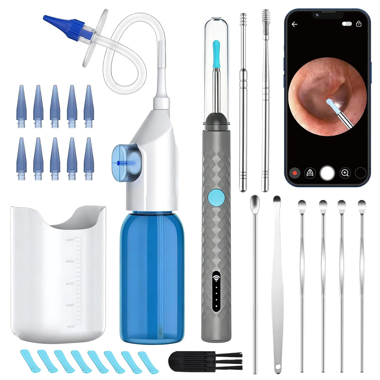 Limpiador de Cerumen con Cámara, Irrigador Auricular para Adultos y Niños, Herramienta Eliminadora de Cerumen con 10 Kits de Limpieza y 10 Puntas Auriculares para Limpieza Auricular Segura y Eficaz
