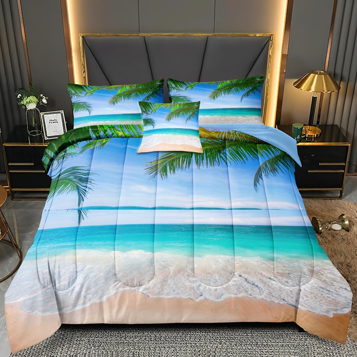 BDUCOK Ocean Comforter Full Size 6 Pieces Beach Bed in a Bag Set Tropical Palm Tree Hawaii Ocean Blue Comforter Set Sunny Beach Coastal Nature Theme All Season Comforter Set 3003-Full 6Pcs - Image 7