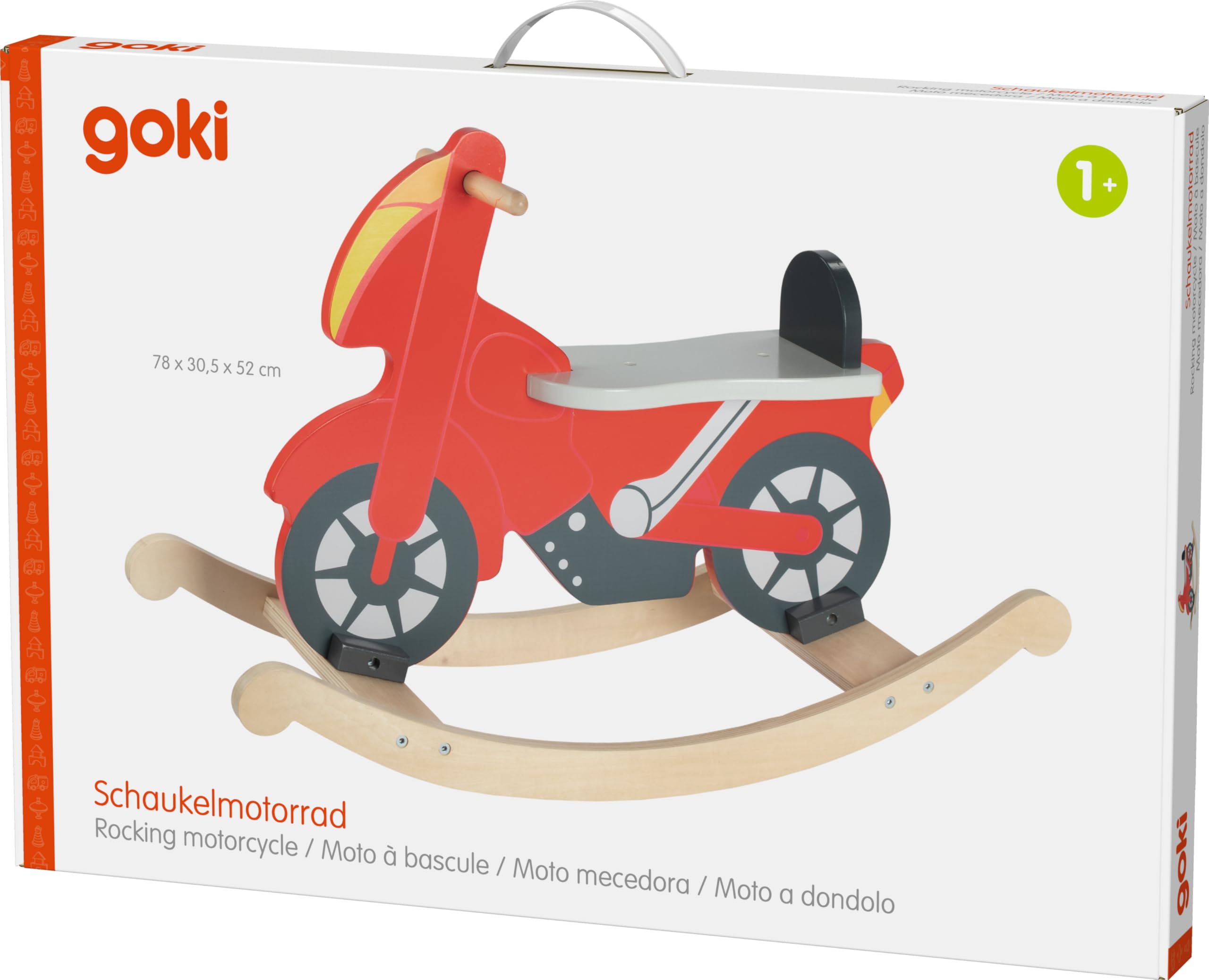 goki 53837 - Schaukelmotorrad aus Holz, inklusive Haltegriffen und Rückenlehne, 25kg belastbar und optimale Sitzhöhe mit 32cm, Wippmotorrad für Kinder, Maße 78 x 30 x 52cm, ab 1 Jahr
