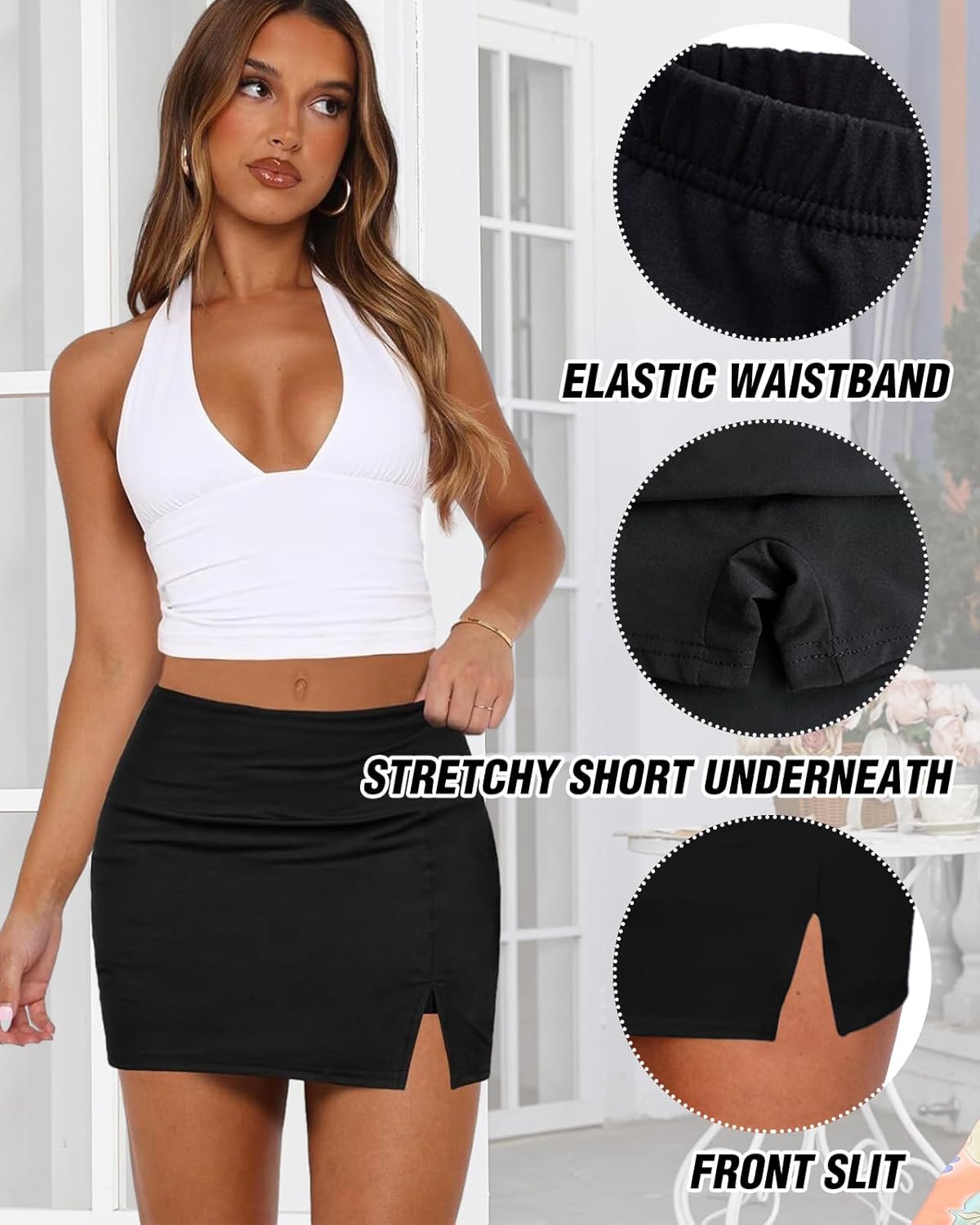 Women's Black Mini Skirt Side Slit High Waisted Stretchy Bodycon Skort 2025 Y2K Club Skirts with Underneath - Image 6