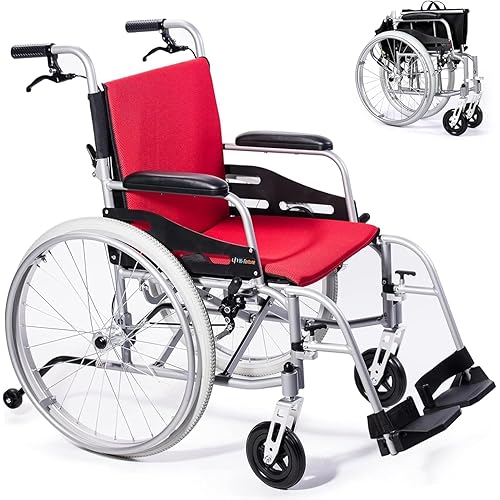 Magnesium Lightweight Wheelchair - 21lbs Self Propelled Chair with Travel Bag & Cushion, Folding 17.5” W Seat, Park & Brake Anti Tipper, Swing Away Footrests, Ultra Light, Red+Black