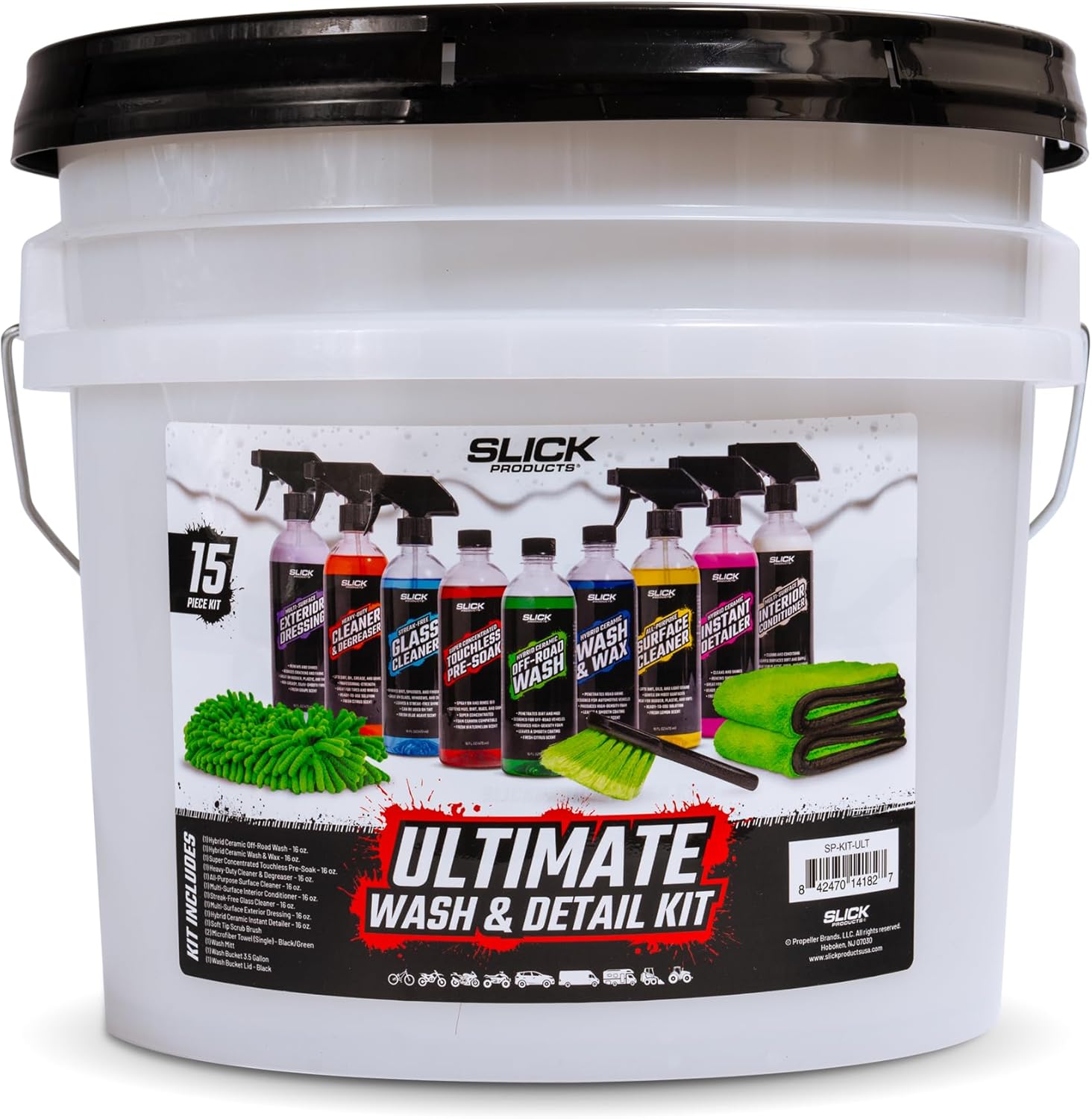 Slick Products Ultimate Wash & Detail Kit (15-Piece) – Complete Set for Cars, Trucks, Dirt Bikes, ATVs, UTVs, Motorcycles & RVs – Includes Washes, Concentrates, Detailers & Accessories