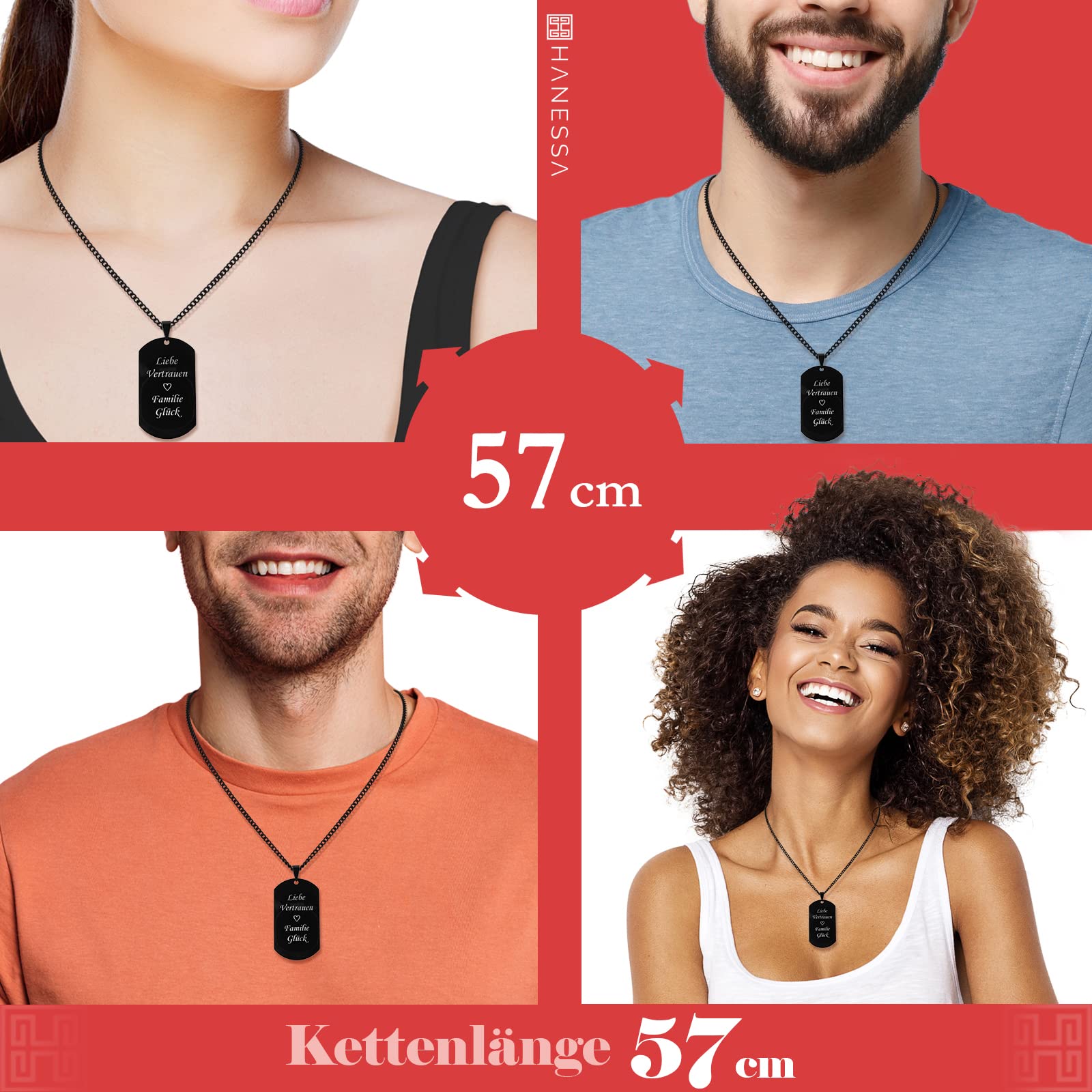 Personalisierte Kette mit Gravur Edelstahl 57 cm mit Anhänger Dog Tag in schwarz - Personalisierte Halskette für Männer und Frauen - Personalisierter Schmuck Damen Herren