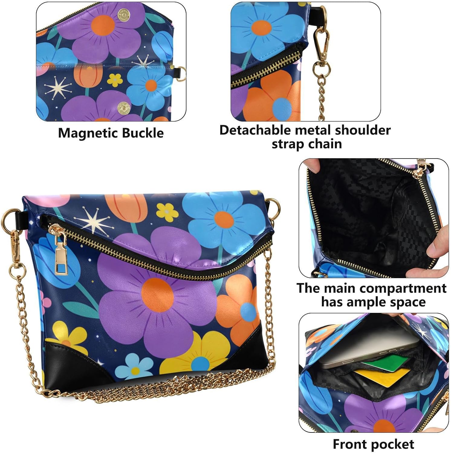 Women's PU Leather Clutch Purses Trendy Purses And Handbags for Lady Colorful Floral Pattern