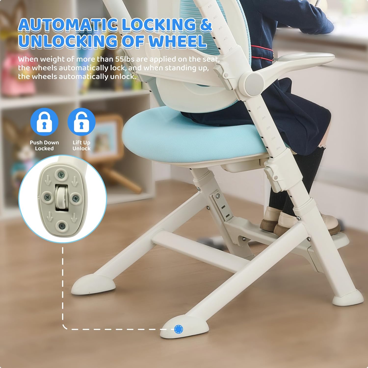 ERIYA Kids Desk Chair,Ergonomic Chair: Breathable Mesh Back, Adjustable Seat, Flip-Up Armrests, Footrest, Lumbar | Ideal for Kids, Petite Adults – Ultra-Comfy for Study/Work (Blue)
