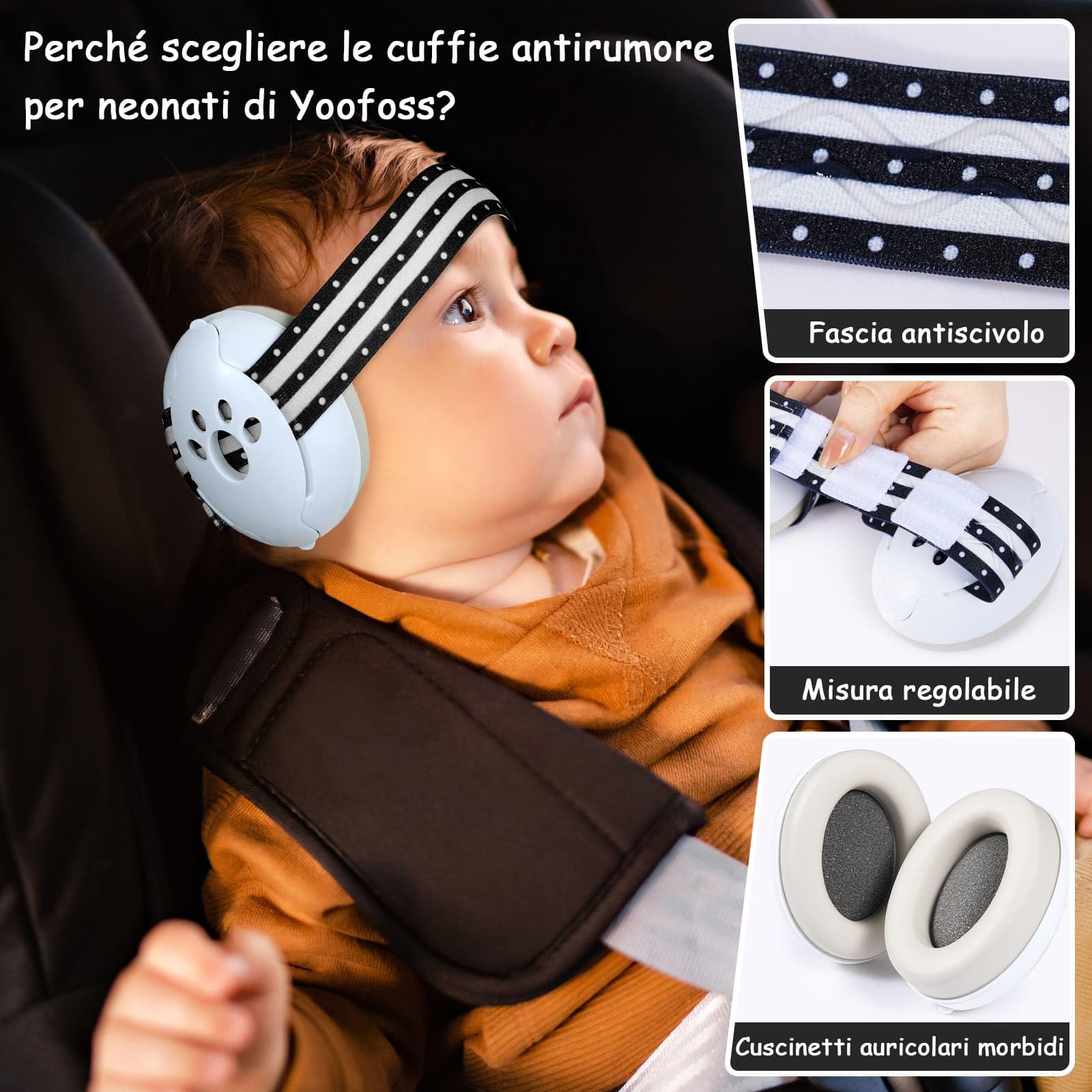 Yoofoss Cuffie Neonato Antirumore - Protezione dell'udito fino 25 dB - Protettori Acustici per Neonati 0-36 Mesi - Ideale per Viaggi in Aereo - CE - Fascia Regolabile, Confortevoli Paraorecchie - Nero