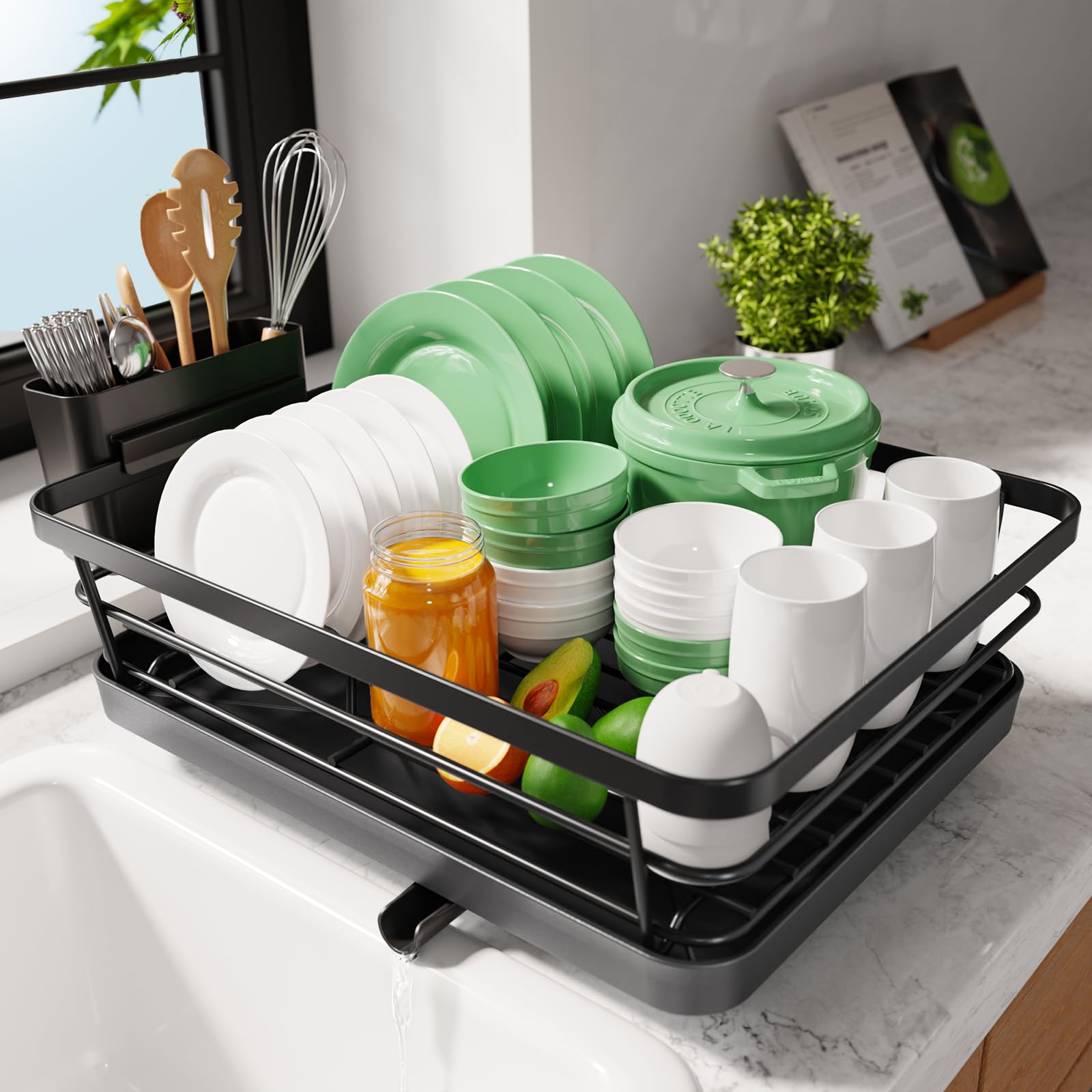 Kitsure Dish Drying Rack for Kitchen Counter, Stainless Steel Sink Organization and Storage Essentials with Cutlery Holder, Home and Appartment Decor, 12''W x 15.5''L, Black