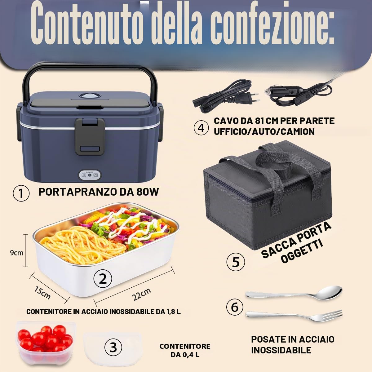 Scaldavivande Elettrico Portatile 80W Camion/Auto Lunch Box 12/24/230V Elettrico Portavivande1.8l Contenitore Porta Pranzo Per Ufficio Viaggiare Grigio Borse(1.8L-blu)