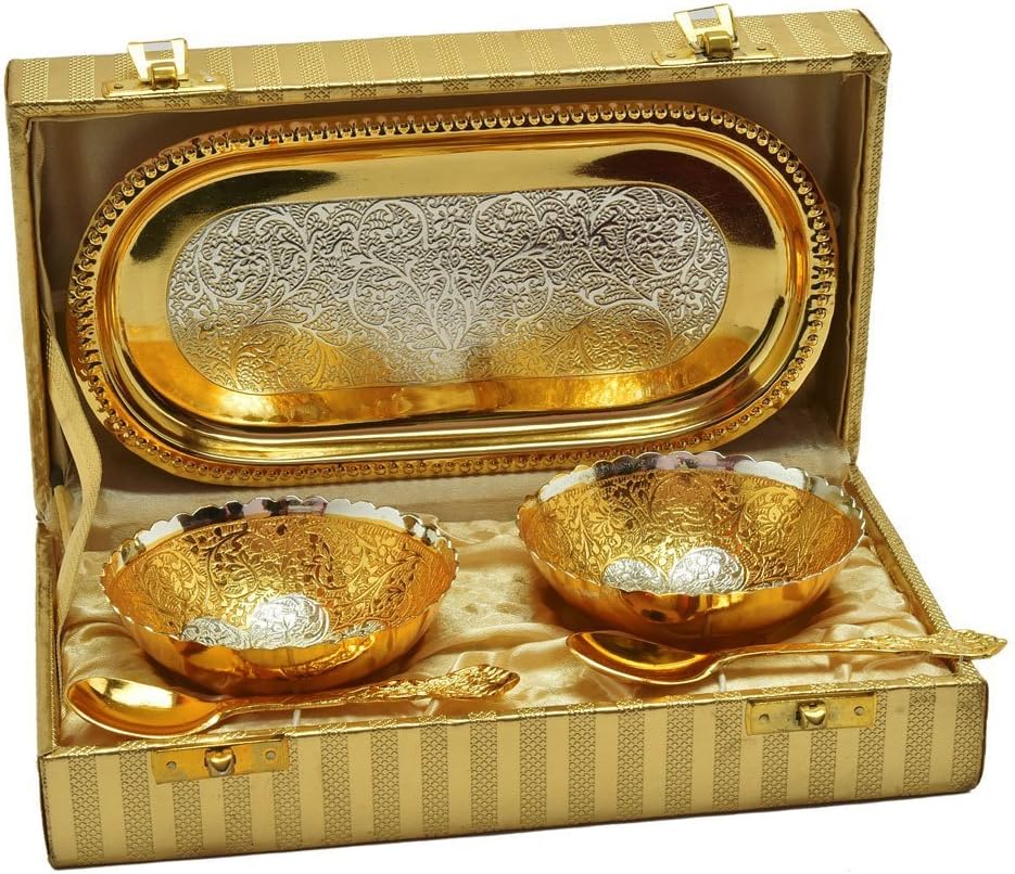 R Ayurveda Copper German Silver Single Bowl with Royal Velvet Box -2 Pieces Set (Pure Gold&Silver)
