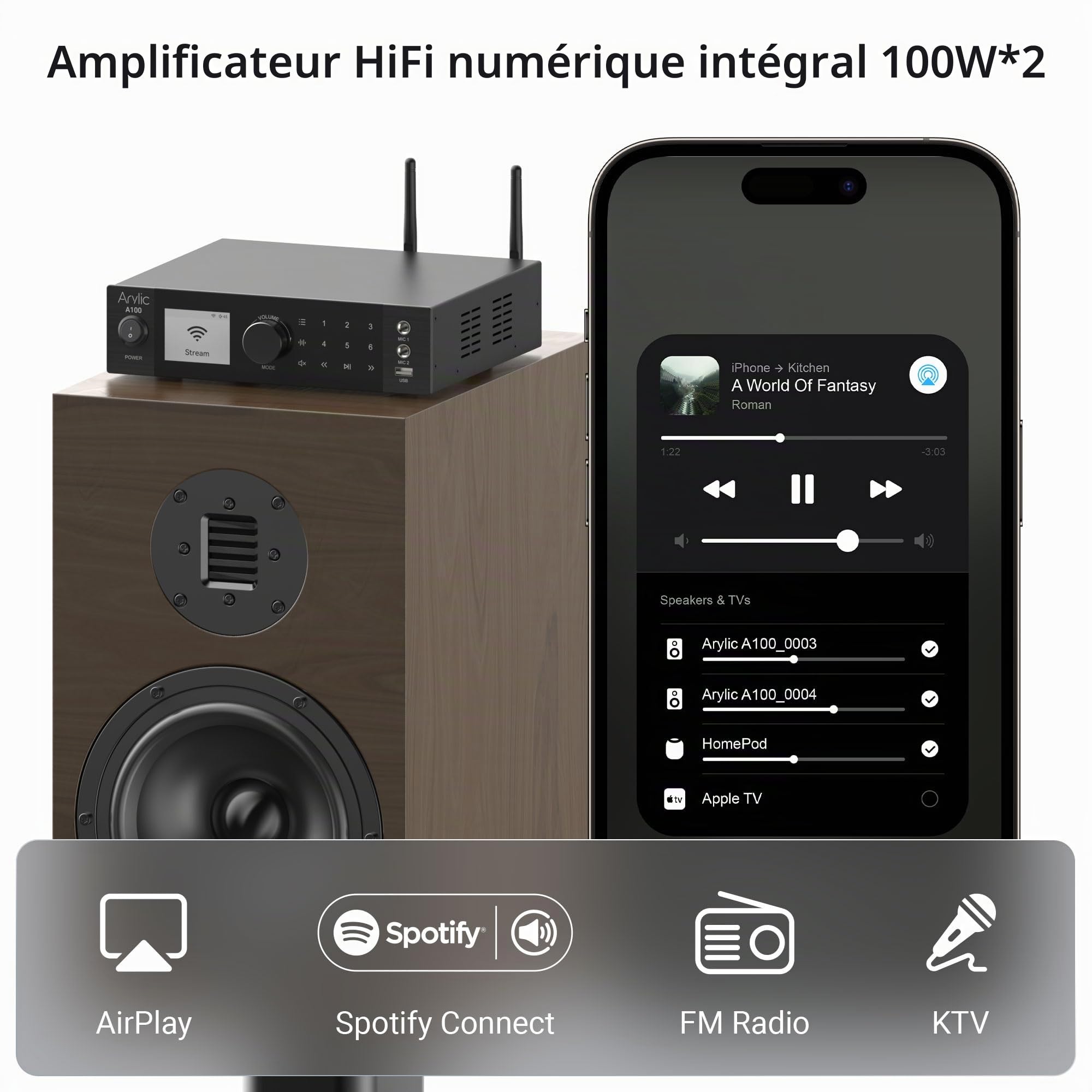Arylic A100 Amplificateur Hi-Fi numérique sans fil avec radio FM, 100 W × 2 récepteurs audio WiFi et Bluetooth, prend en charge AirPlay, Spotify Connect, Multiroom, idéal pour KTV, home cinéma et