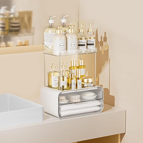 Miniatura 8 de Delamu Organizador de encimera de baño, 2 cajones, 2 niveles, organizador de maquillaje acrílico para encimera de tocador, almacenamiento de perfume