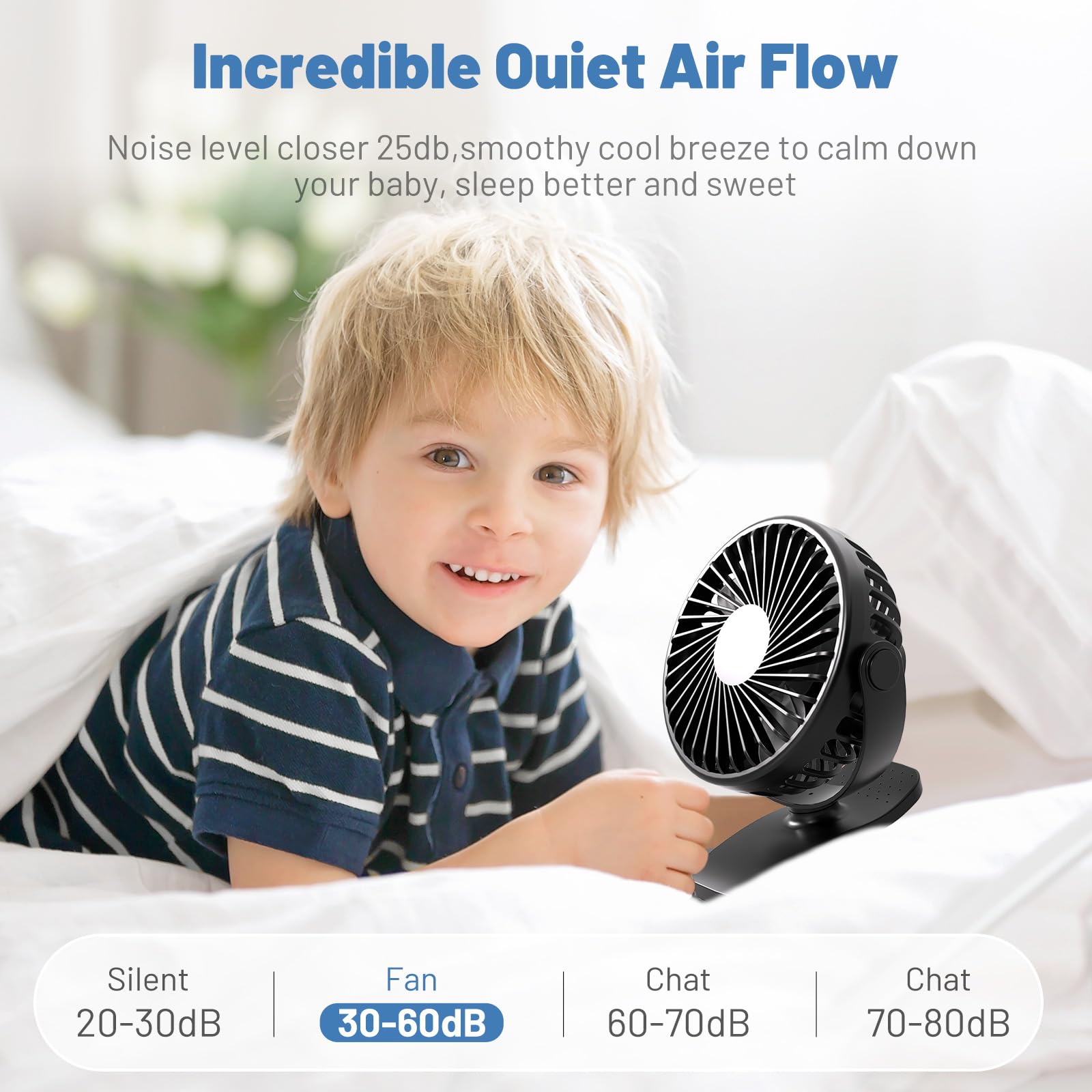 Ventilador portátil con clip alimentado por batería, ventilador portátil para viajes, mini ventilador de escritorio personal silencioso de 3 velocidades, rotación de 360° recargable para acampar 7