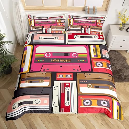 Miniatura 23 de Juego de funda de edredón de cinta musical vintage, tamaño matrimonial, juego de ropa de cama con estampado de cinta retro de los años 80, funda de