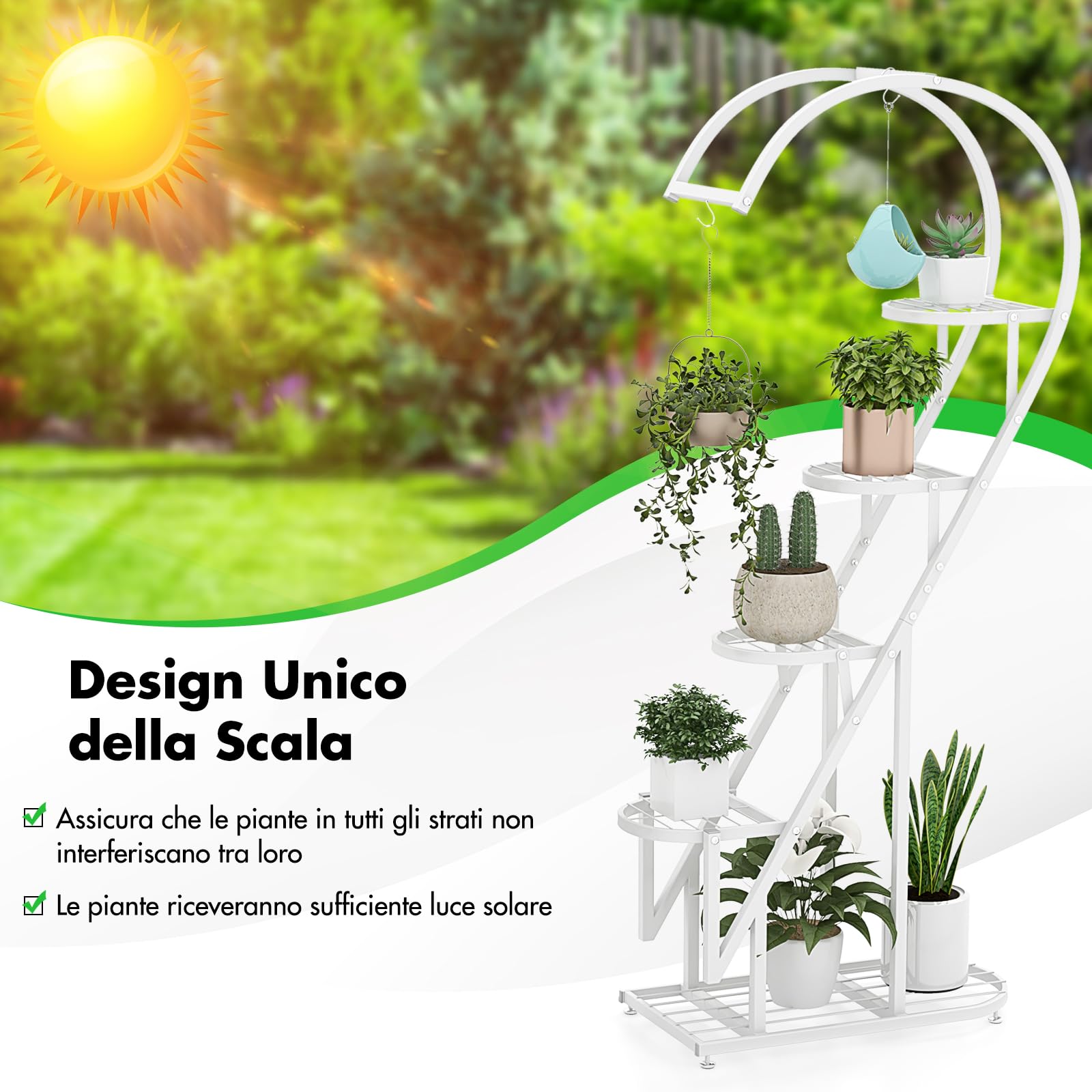 RELAX4LIFE Porta Piante a 5 Livelli, Scaffale per Piante in Metallo, Forma di Cuore, Supporto per Piante con 4 Ganci, Porta Vasi per Soggiorno e Camera da Letto (2, Bianco, Cuore)