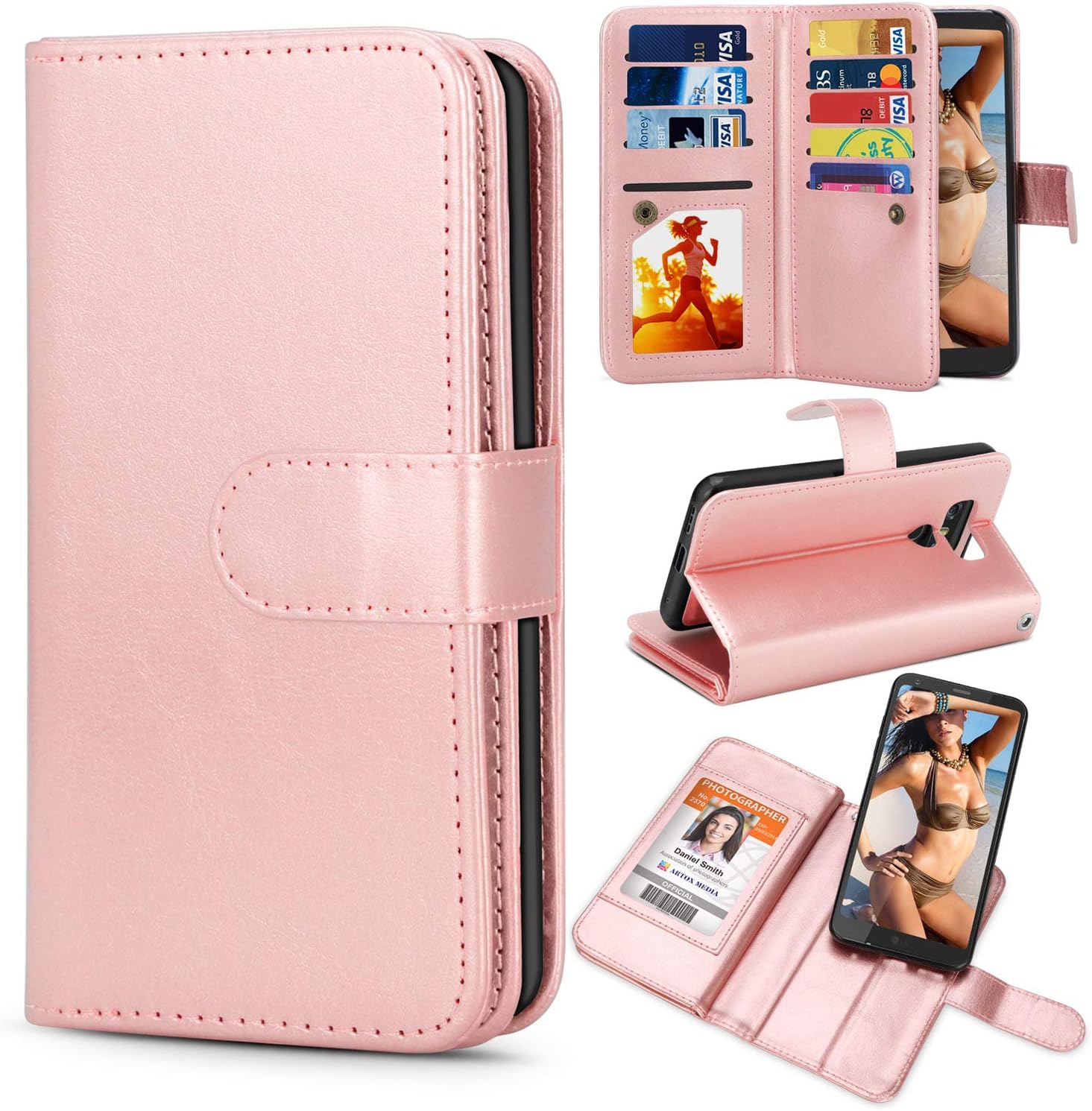 TILL for LG G6 Case, LG G6 [PU Leather] Flip Wallet Case [Cash & Card Slot Holder] [Kickstand] Detachable Magnetic Folio Protective Case Cover [Rose Gold]
