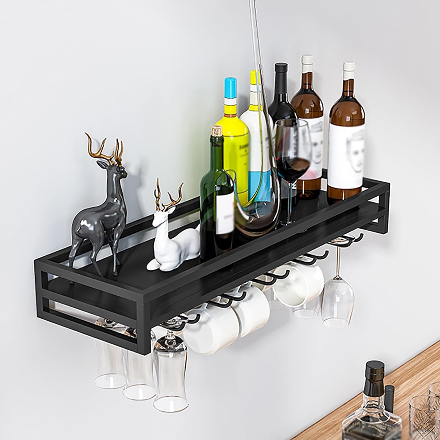 Wall Mounted Wine Rack,Metal Wine Glass Shelf,Floating Shelves,Hanging Goblet Shelf,Wine Bottle Organizer Multi-Functional Wine Storage Display Rack For Home Bar Dining Room Kitchen ( Color : Black ,