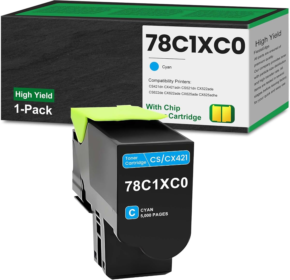 78C1XC0 Cyan High Yield Remanufactured Toner Cartridge 1-Pack | Replacement for Lexmark 78C1XC0 Toner for CS421 CS521 CS622 CX421 CX522 CX622 CX625 Printer