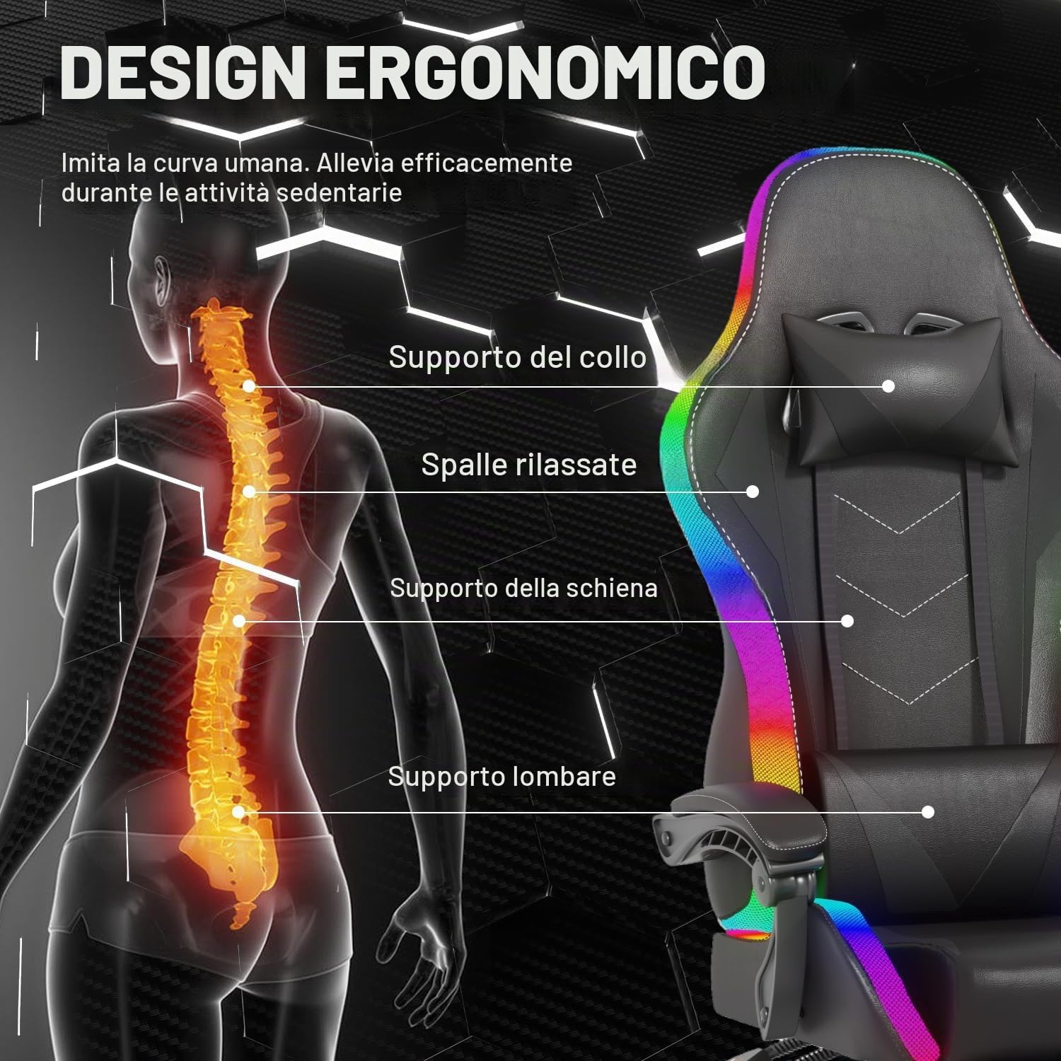 JUMMICO Sedia da gioco con LED, Cool Racing Gamer, sedia ergonomica da ufficio con funzione massaggiante, schienale regolabile 90-135°, con poggiapiedi telescopico, capacità di carico 150 kg, colore