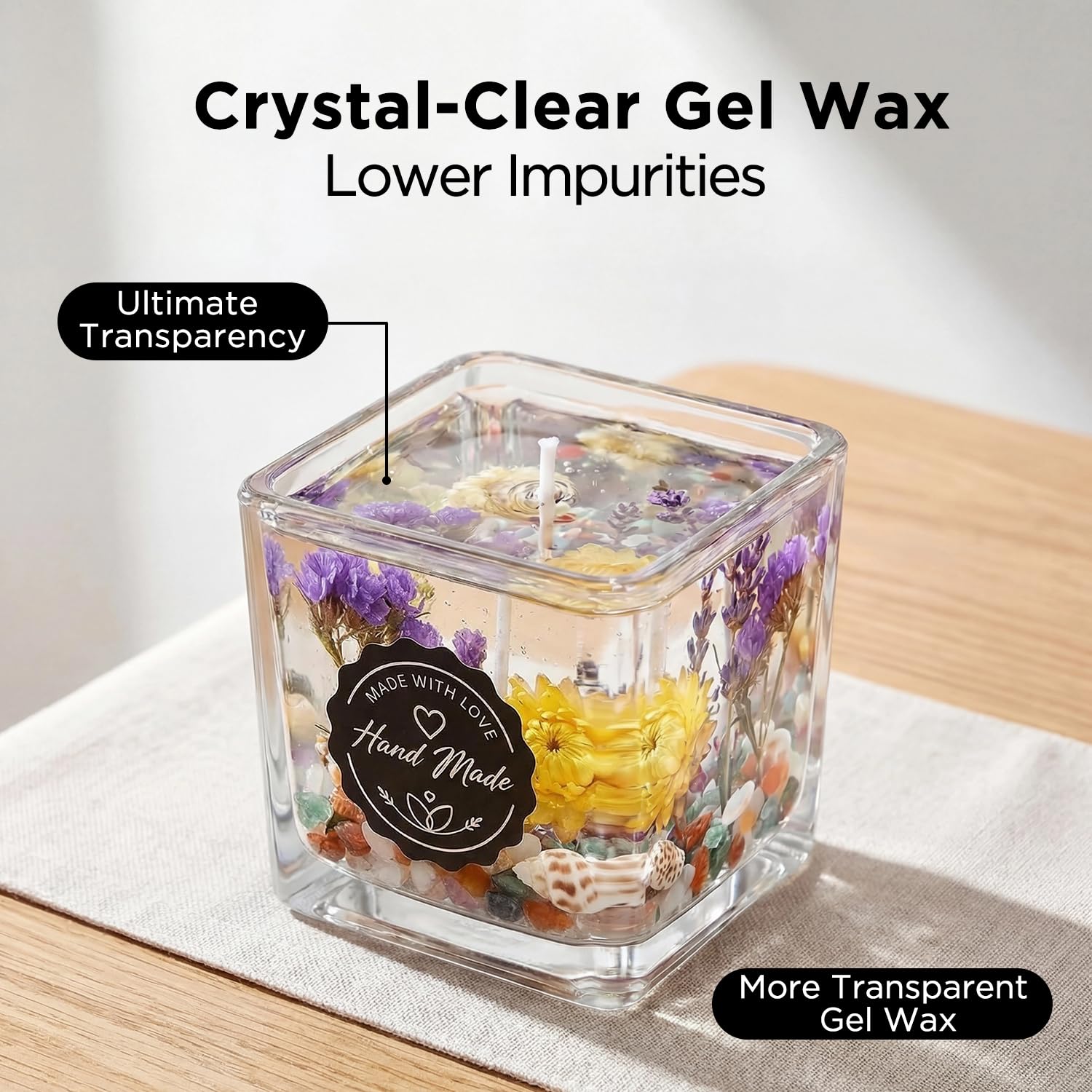 LumaCraft Klares Gelwachs zur Kerzenherstellung 2000g Transparentes Jelly Wachs mit 50 Dochten, 50 Dochtklebern & 10 Dochthaltern, Natürliches DIY Gelkerzen Zubehör