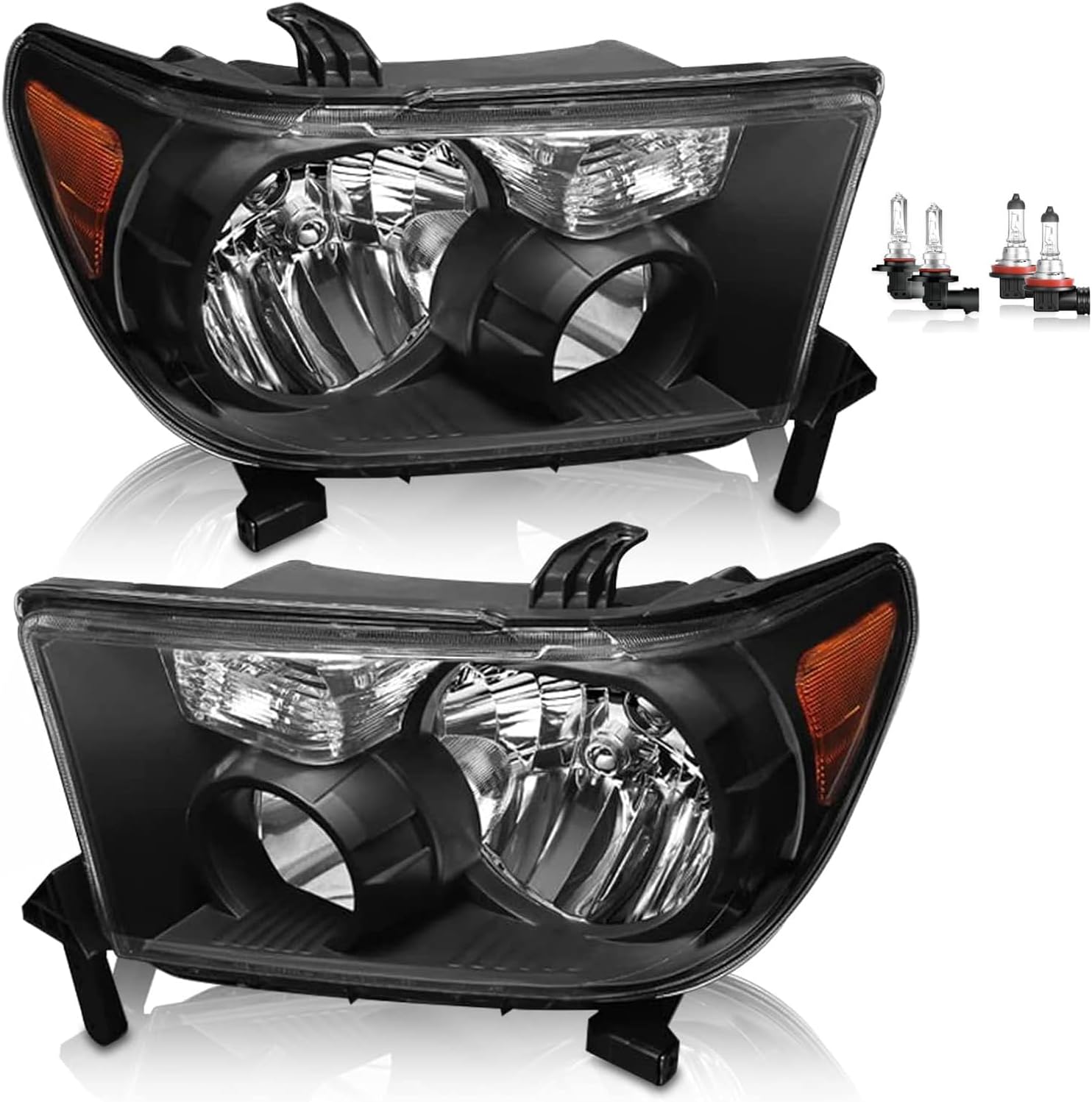 Headlights w/Bulbs Assembly For 2007 2008 2009 2010 2011 2012 2013 Toyota Tundra Head lights for 2008-2017 Sequoia Headlamp Halogen Replacement L+R, Black Hosuing Amber Coner Clear Lens
