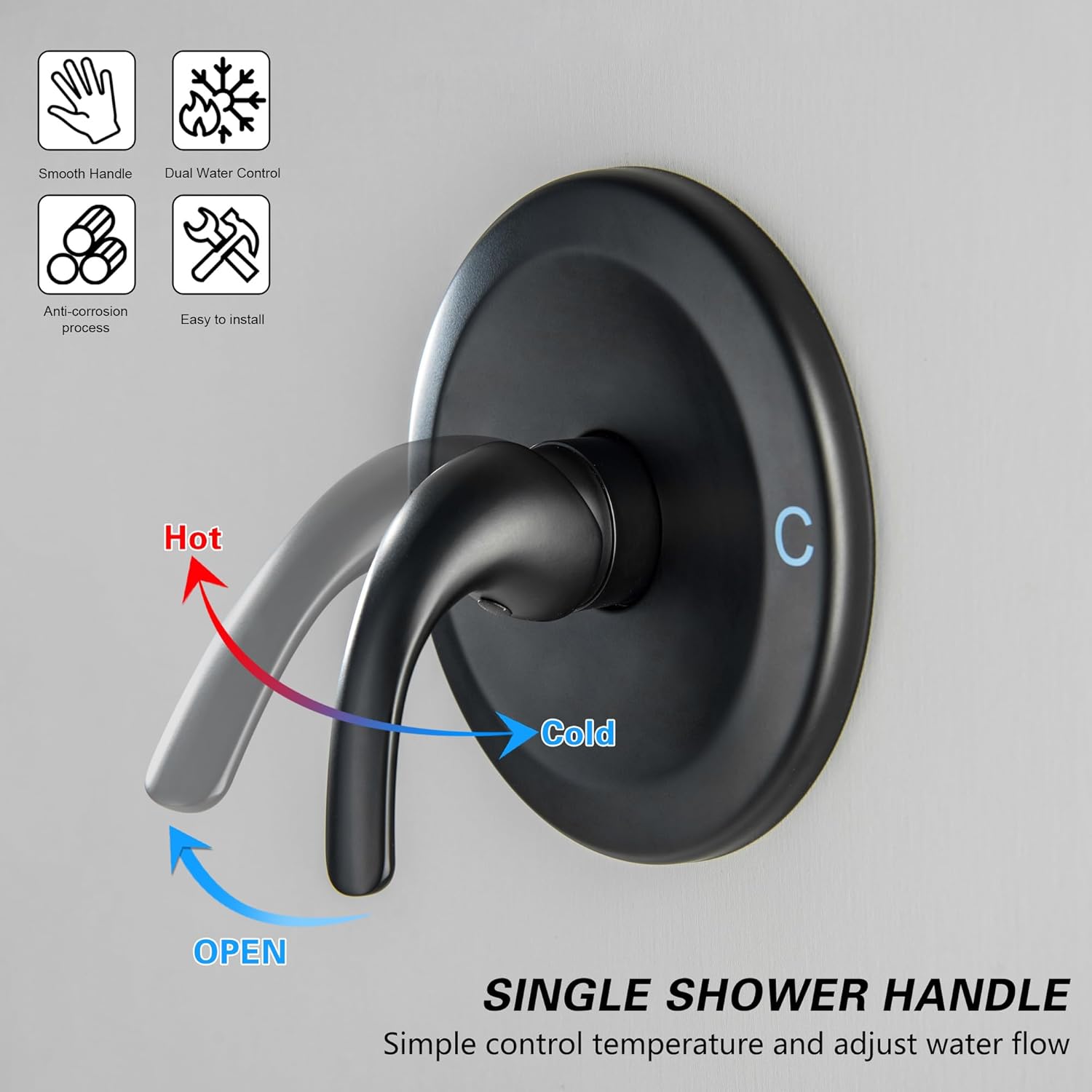 LIWEIKE Matte Black Shower Handle Valve Single Function Shower Valve Handle Wall Mount Brass Shower Mixer Valve Kit Bathroom with Male Tread Rough-in Brass