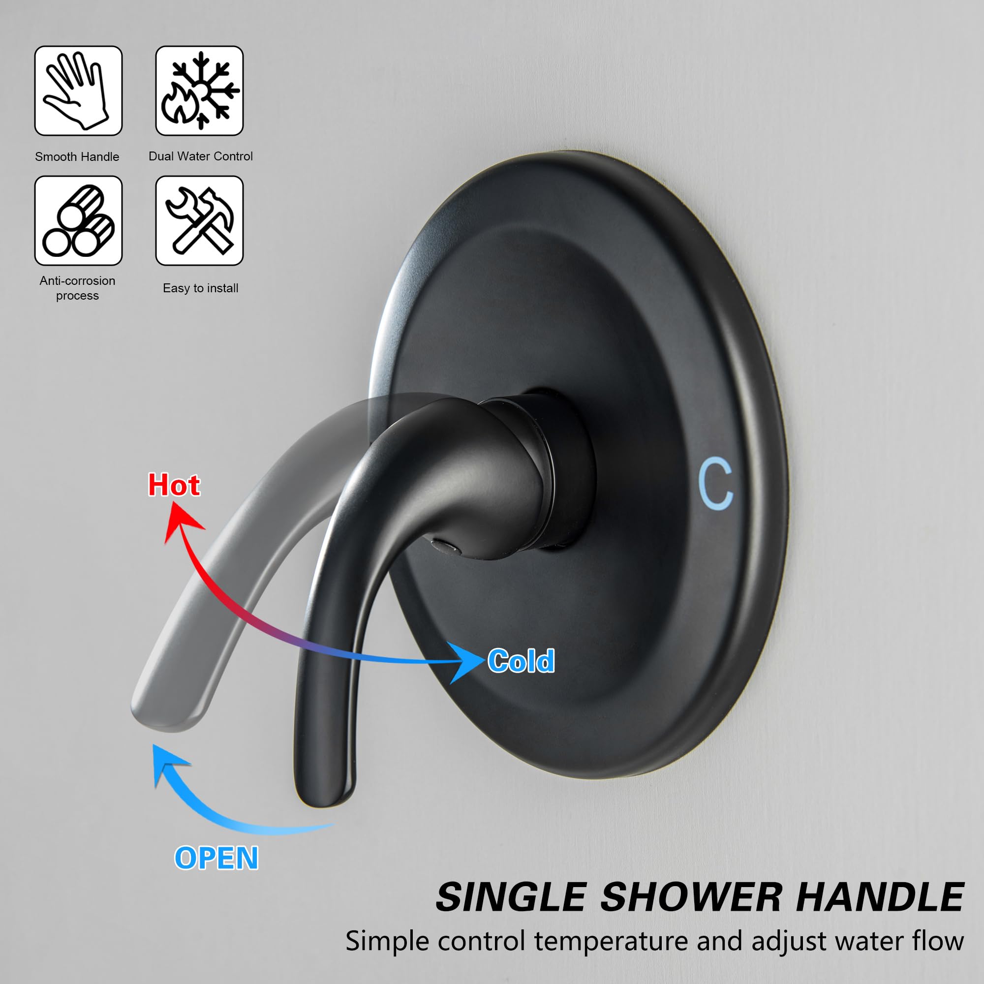 LIWEIKE Matte Black Shower Valve Handle Kit – Single Function, Brass Valve, Wall Mount With Male Thread