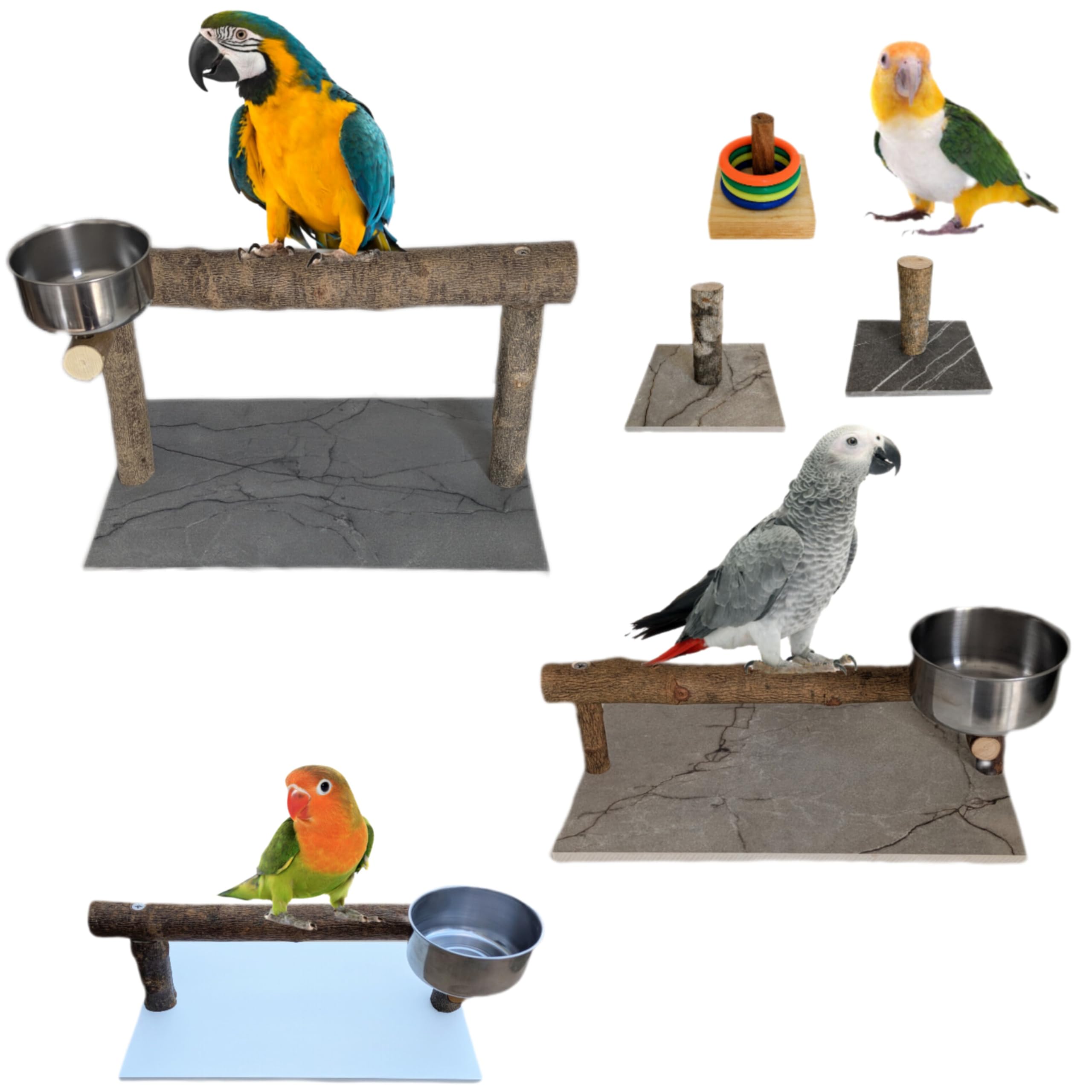 Pack posadero de mesa para loros, percha de guacamayo, cacatúa, base de hpl estable, juego interactivo yaco, comedero de ninfa inoxidable, CALIDAD PREMIUM. (Efecto mármol gris/negro, L)