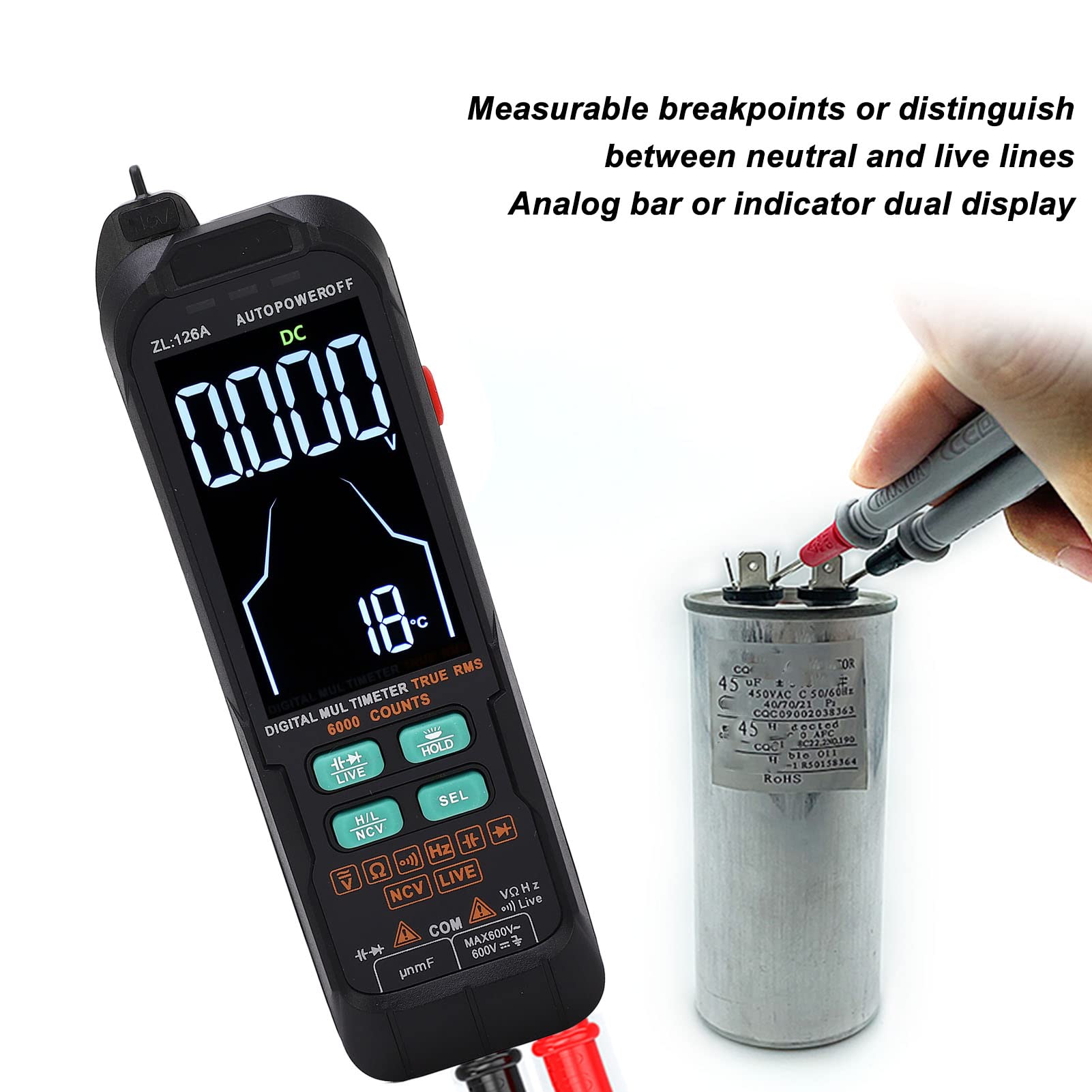 Multimetr cyfrowy 6000 zliczeń Automatyczna zmiana zakresu Wielofunkcyjny tester elektryczny do samochodów domowych Projekty naukowe Materiał ABS 16,2x4,8x2,8cm