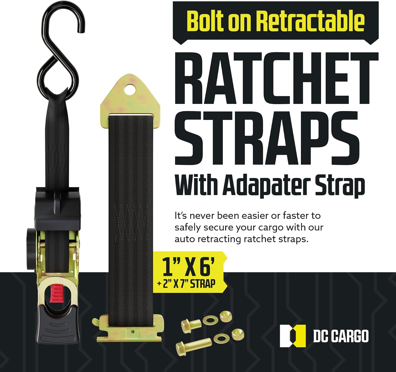 DC Cargo Mall Retractable Ratchet Straps - E-Track and Bolt-On Mounting Options (2 Pack) 1" x 6' - 4,000lbs Break Strength Heavy Duty Auto Self Retracting Tie Down Straps