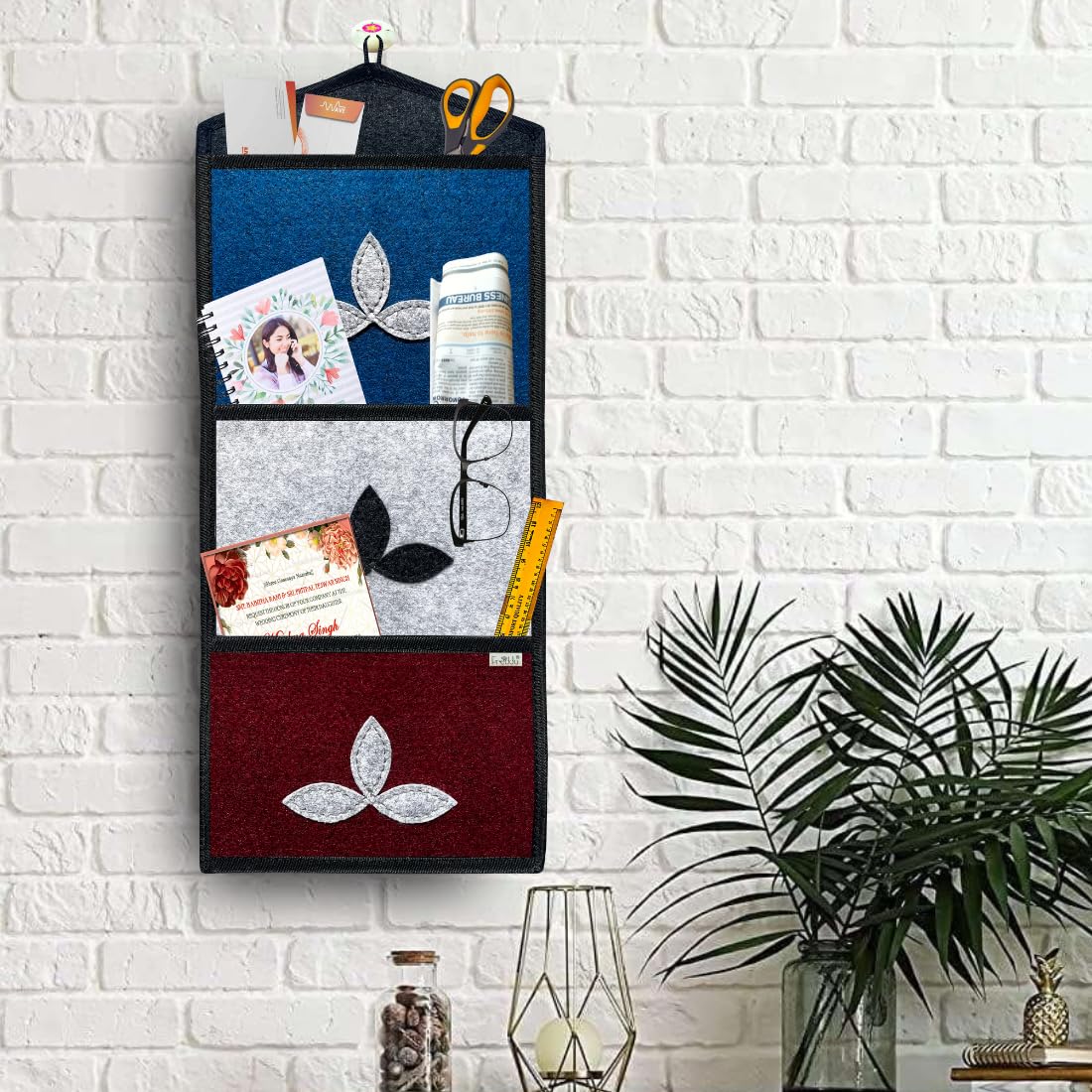 FREDDO Classic Wall Hanging Organiser for Magazine Letter key News Paper Kitchen with 3 Sturdy Pockets (Multi Colour) Pack of 3 Pcs
