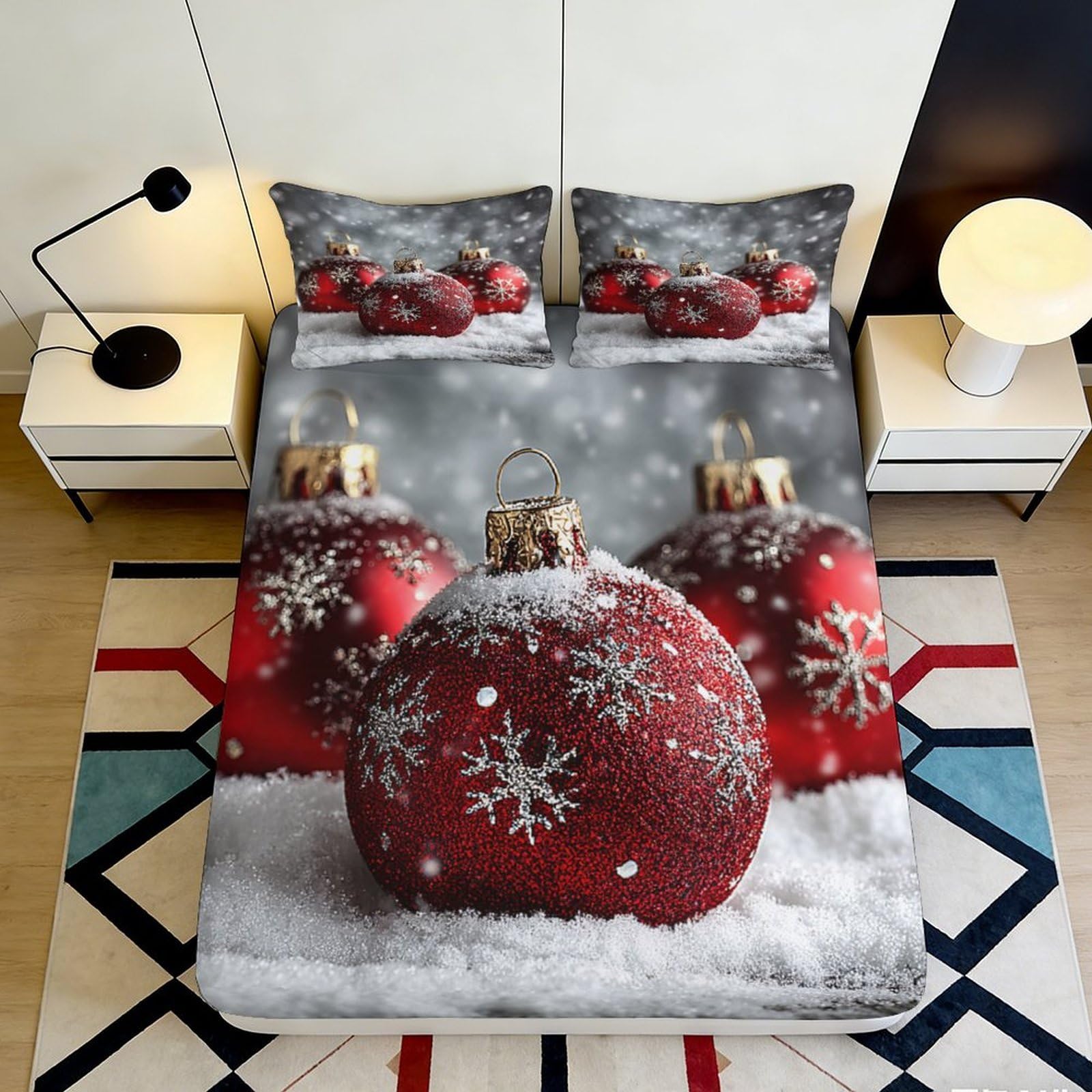 Jqzkxnhpbr Style-4 3D Printed Christmas Ornament Fitted Sheet Microfiber Red Snowflake Bed Cover For Bedroom Guest Room Decor 90X200x25cm