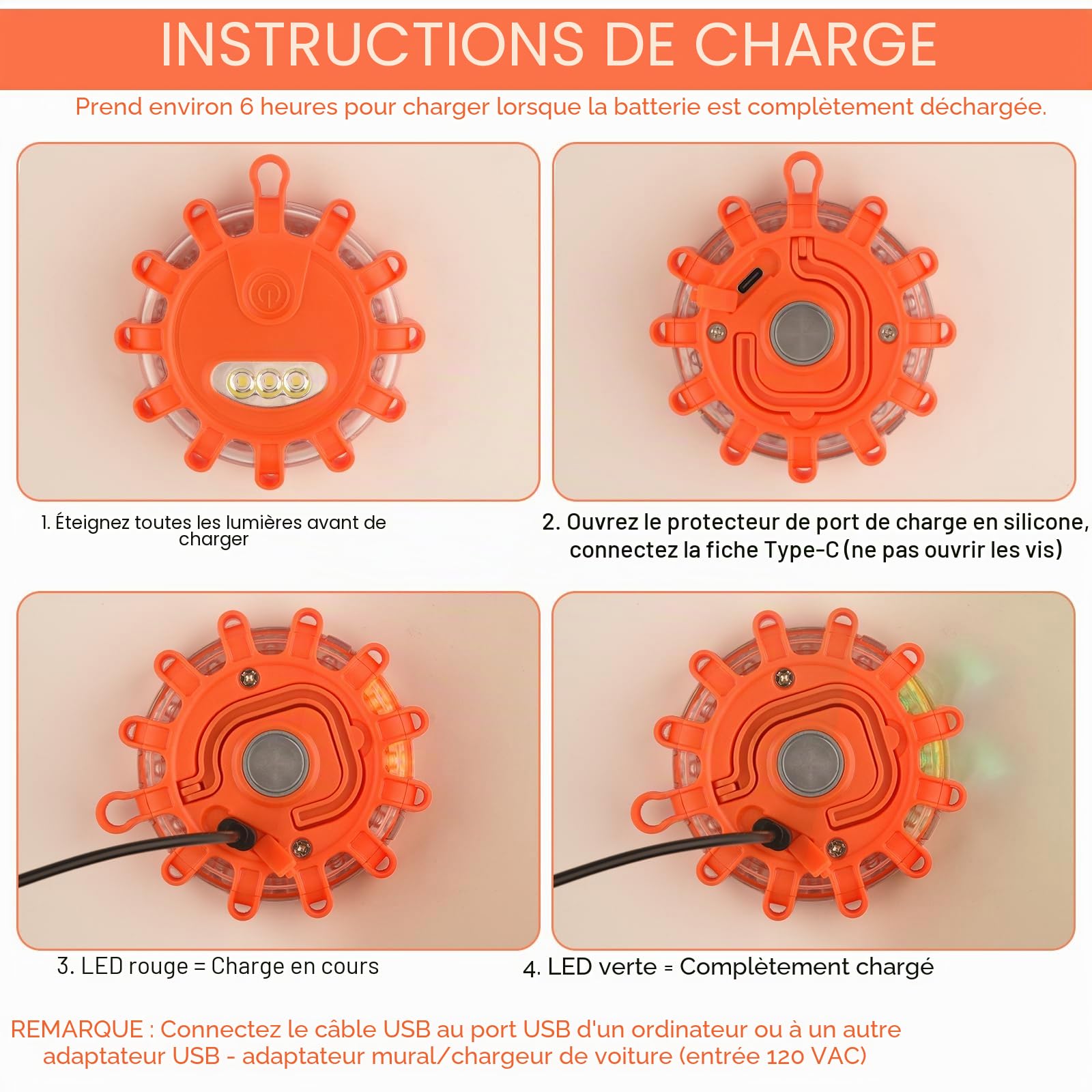 Gyrophare LED,Clignotant Routier LED,Indicateur de disque d'urgence rechargeable USB avec 9 modes de clignotement,câble de charge 2 en 1 et chargeur camion clignotant lumière d'avertissement (4)