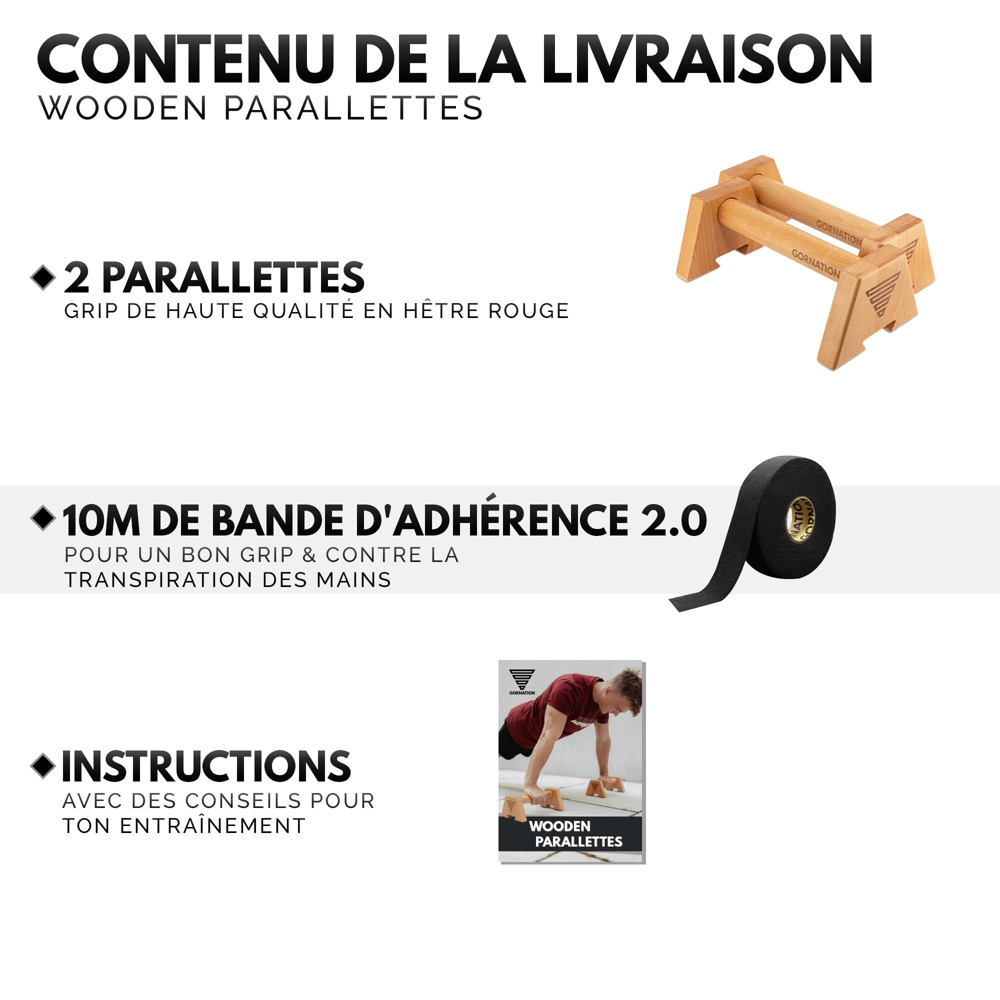 GORNATION Parallettes en Bois, Barres Parallèles por Musculation, Calisthenics, Street Workout & Fitness Training, Push Up Bars, Poignées de Pompe, Antidérapantes, incl. Grip Tape 2.0 10m