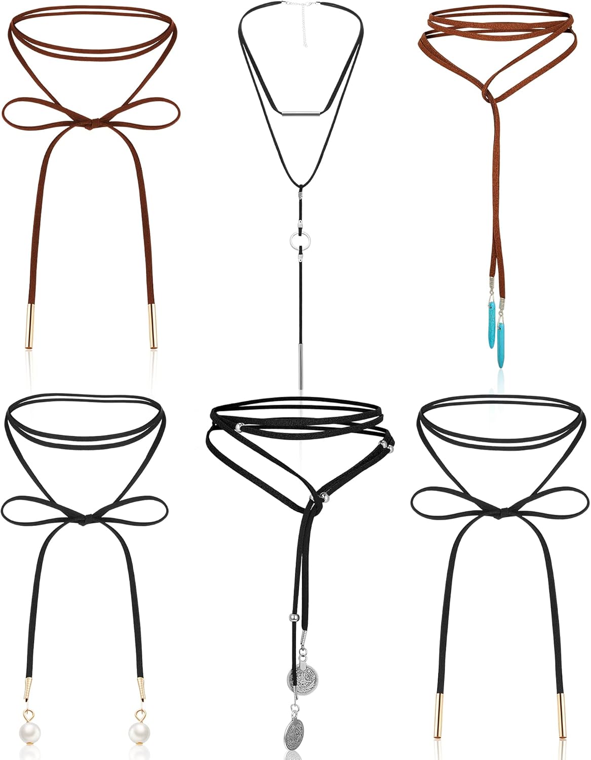 Sureio 6 Pcs Women Western Boho Necklaces Gothic Black Brown Necklaces Leather Velvet Vintage Chokers for Cowgirl with Bag