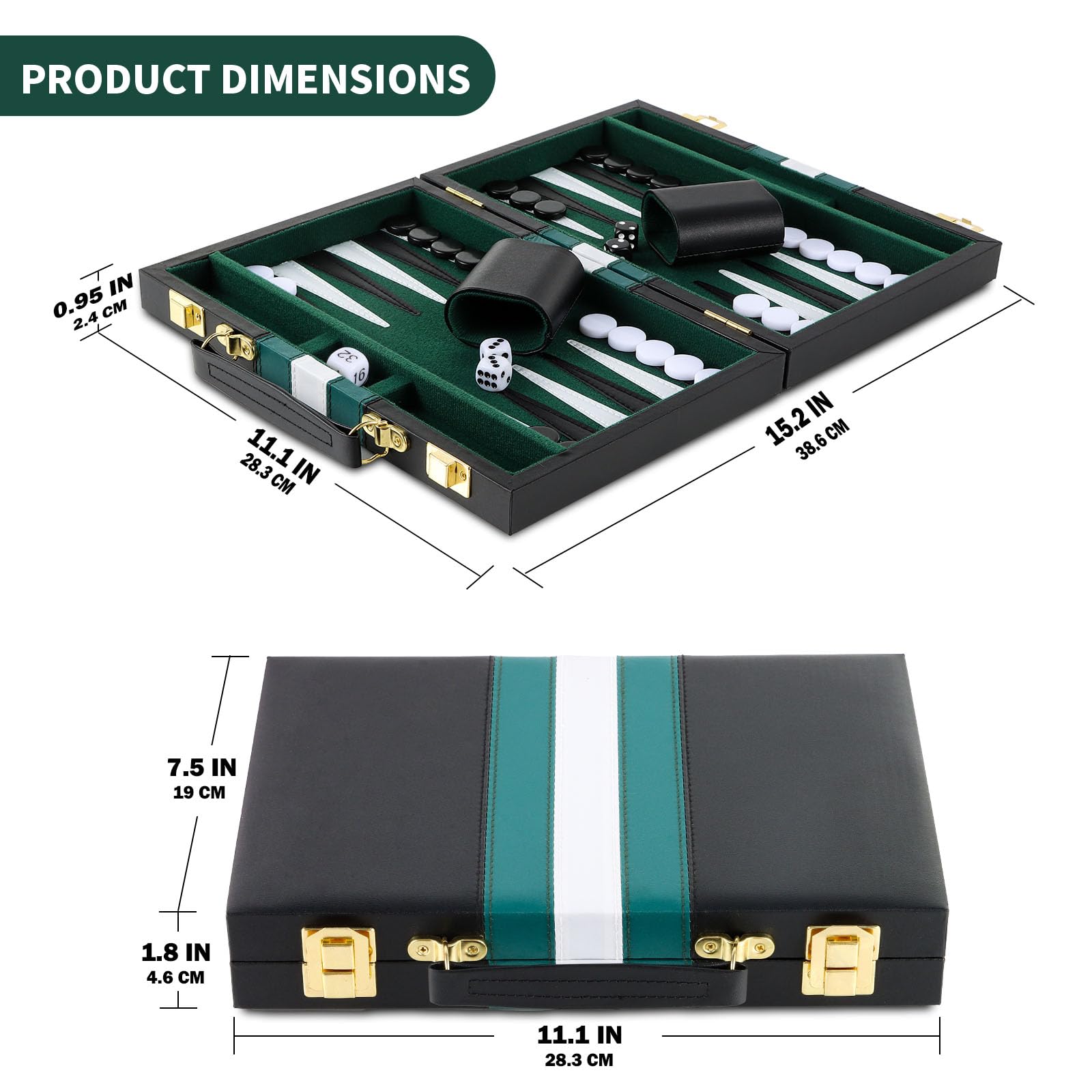 Set de Backgammon 11 Pouces pour 2 Joueurs, Mallette de Backgammon avec Accessoires complets, Set de Jeu de Voyage Portable Back-Gammon avec poignée pour Adultes (Vert)