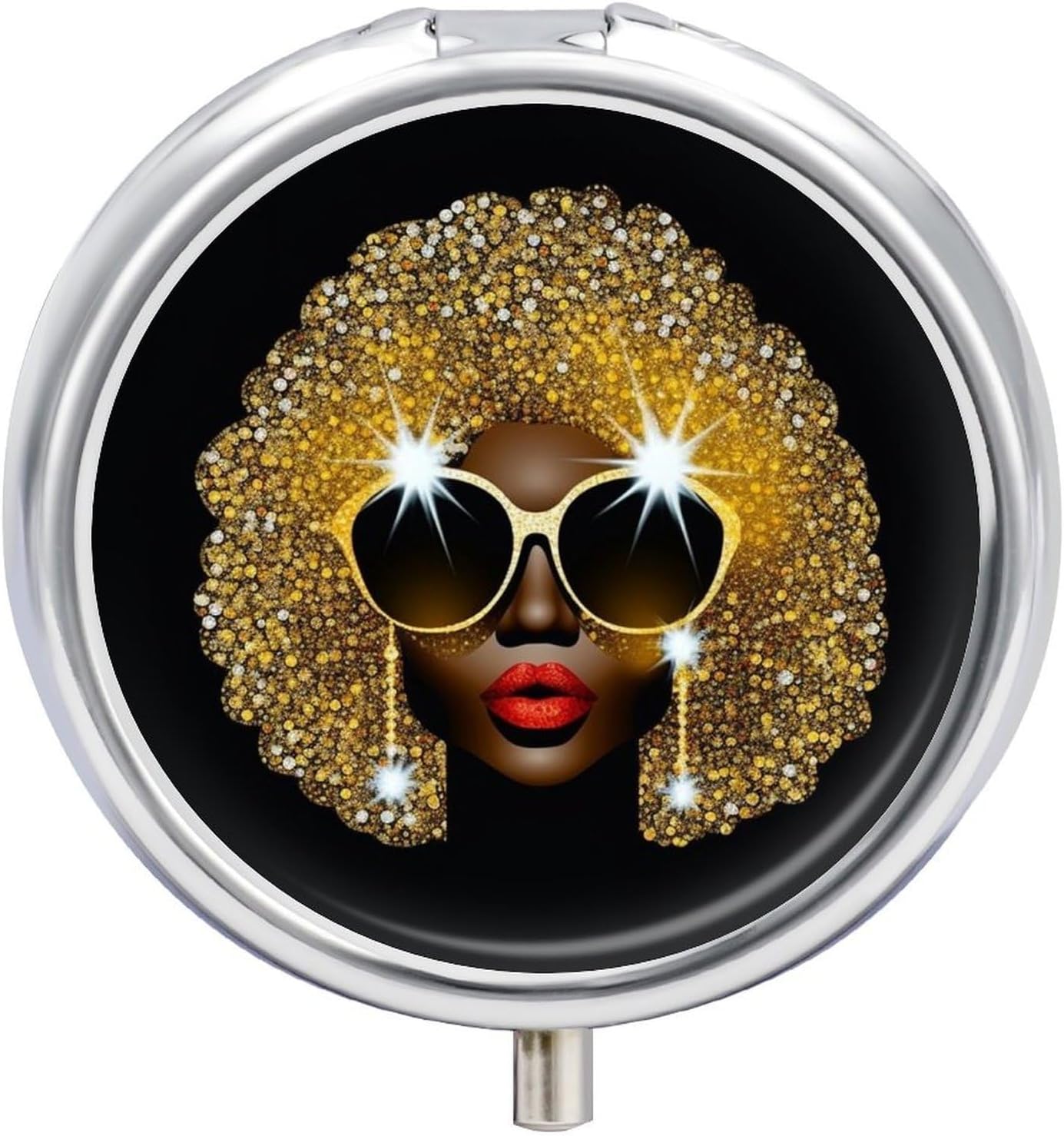 Small Pill Case Cute African Woman 3 Compartments Portable Pill Container Mini Metal Pill Holder