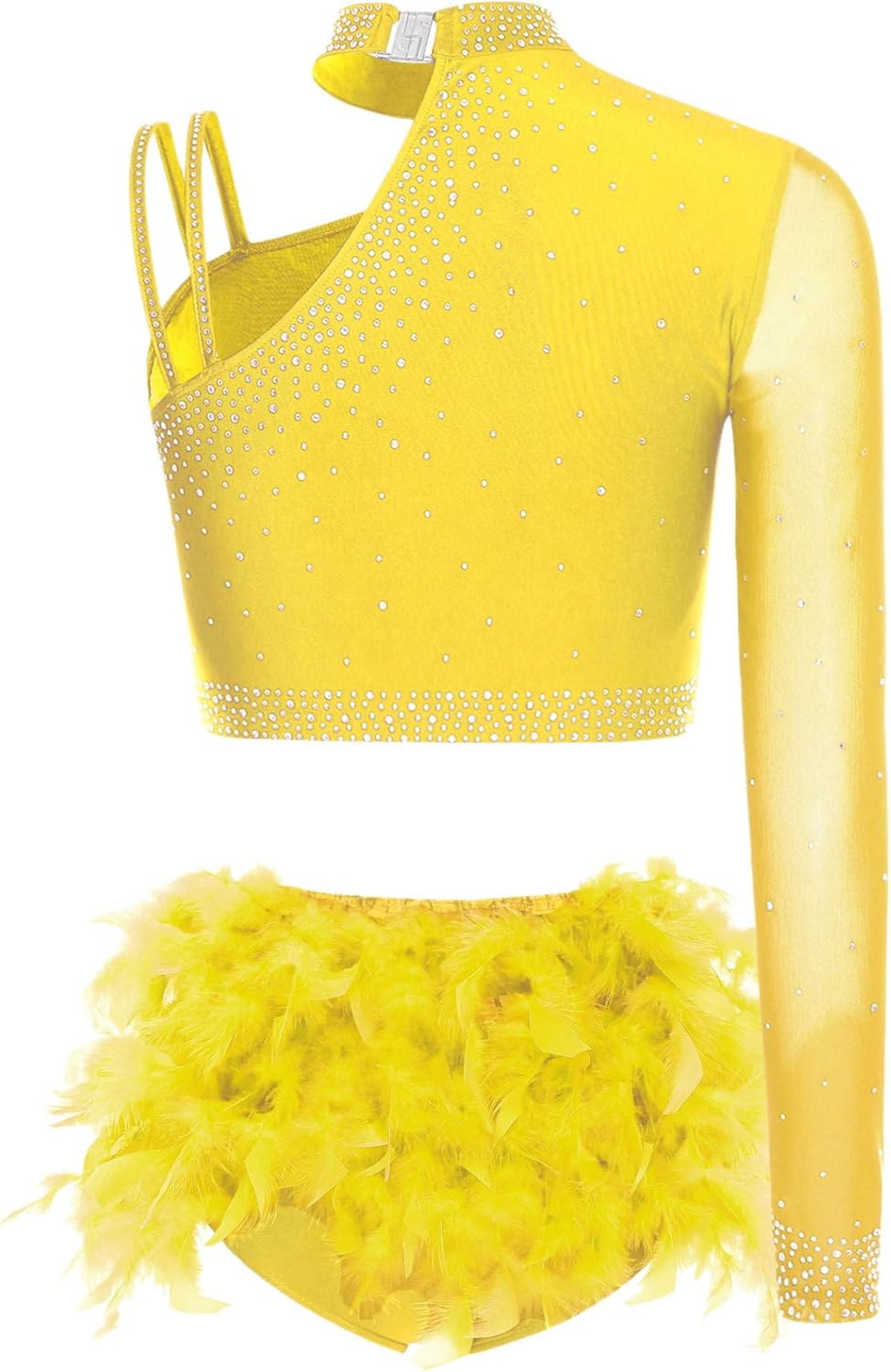 Women 2 Piece Dance Outfit Rhinestone Crop Top with Feather Briefs Jazz Latin Lyrical Dance Costume