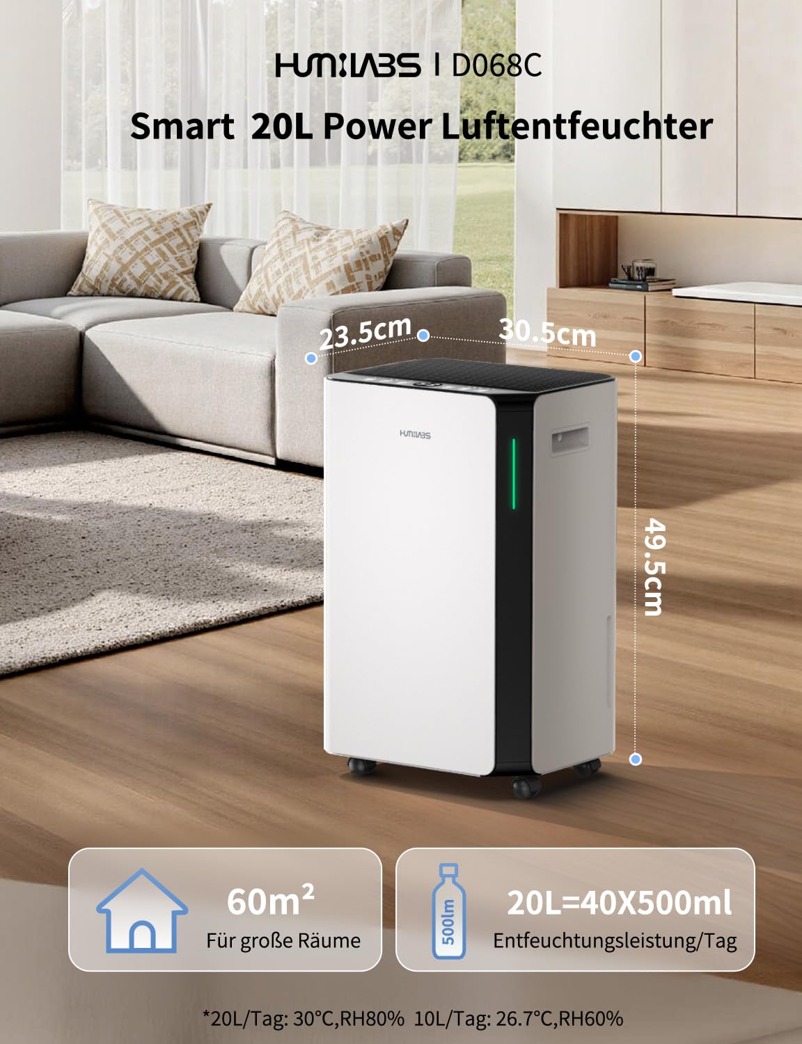 HUMILABS Elektryczny osuszacz powietrza, 20 l, do pomieszczeń o powierzchni 60 m², aplikacja i Wi-Fi, osuszacz powietrza / z wężem odpływowym / zbiornik na wodę 4,5 l / 3 tryby pracy / timer 24 h